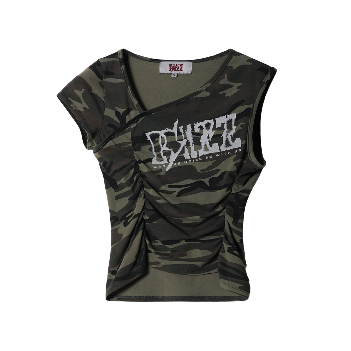 멜로우 원 오프숄더 밀리터리 셔링 탑 카모(MELLOW One-Off Shoulder Military Shirring Top Camo)