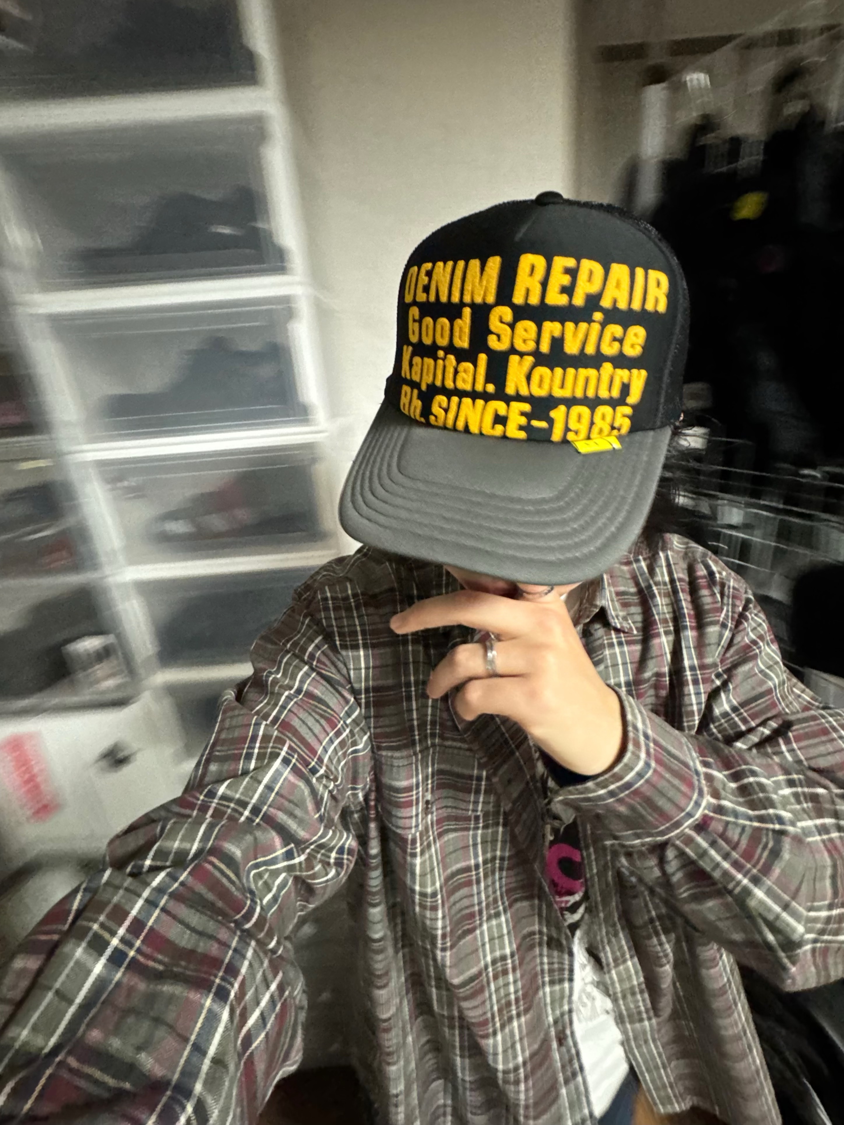 Balenciaga Hummer Derbie Black, Kapital Denim Repair Track Cap Black Gray 착용 스타일 - 2