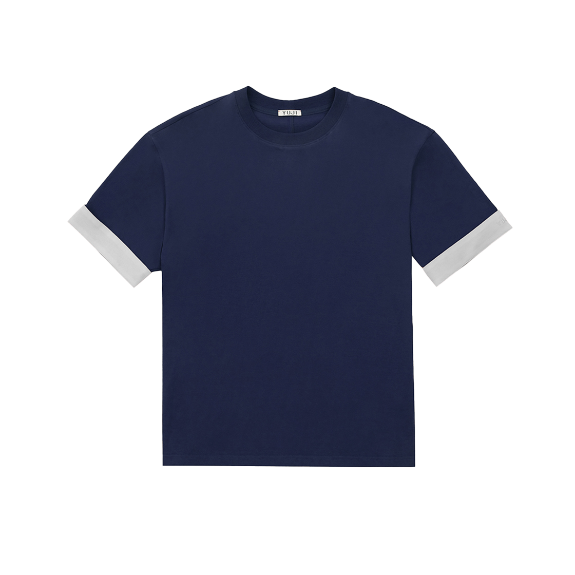 유지 대비 턴업 소매 티셔츠 유니섹스 네이비(YUJI Contrast Turn-Up Sleeves T-Shirt Unisex Navy)