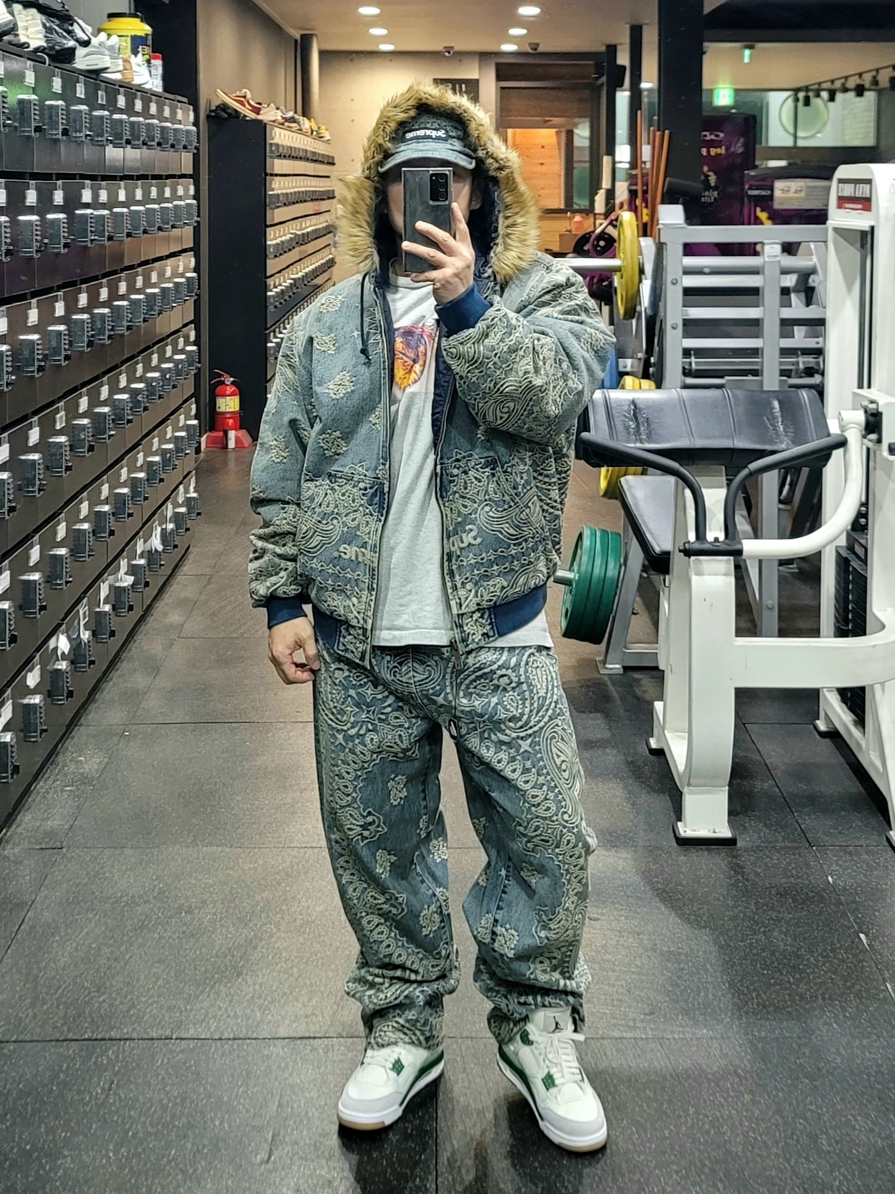 Supreme Bandana Jacquard Denim Camp Cap Blue - 25SS, Supreme Bandana Jacquard Denim Hooded Work Jacket Blue - 25SS 착용 스타일