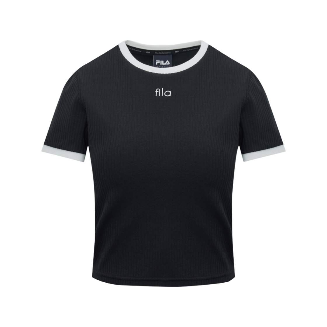 [6% 적립] 휠라 골지 캡내장 크롭 반팔티 블랙