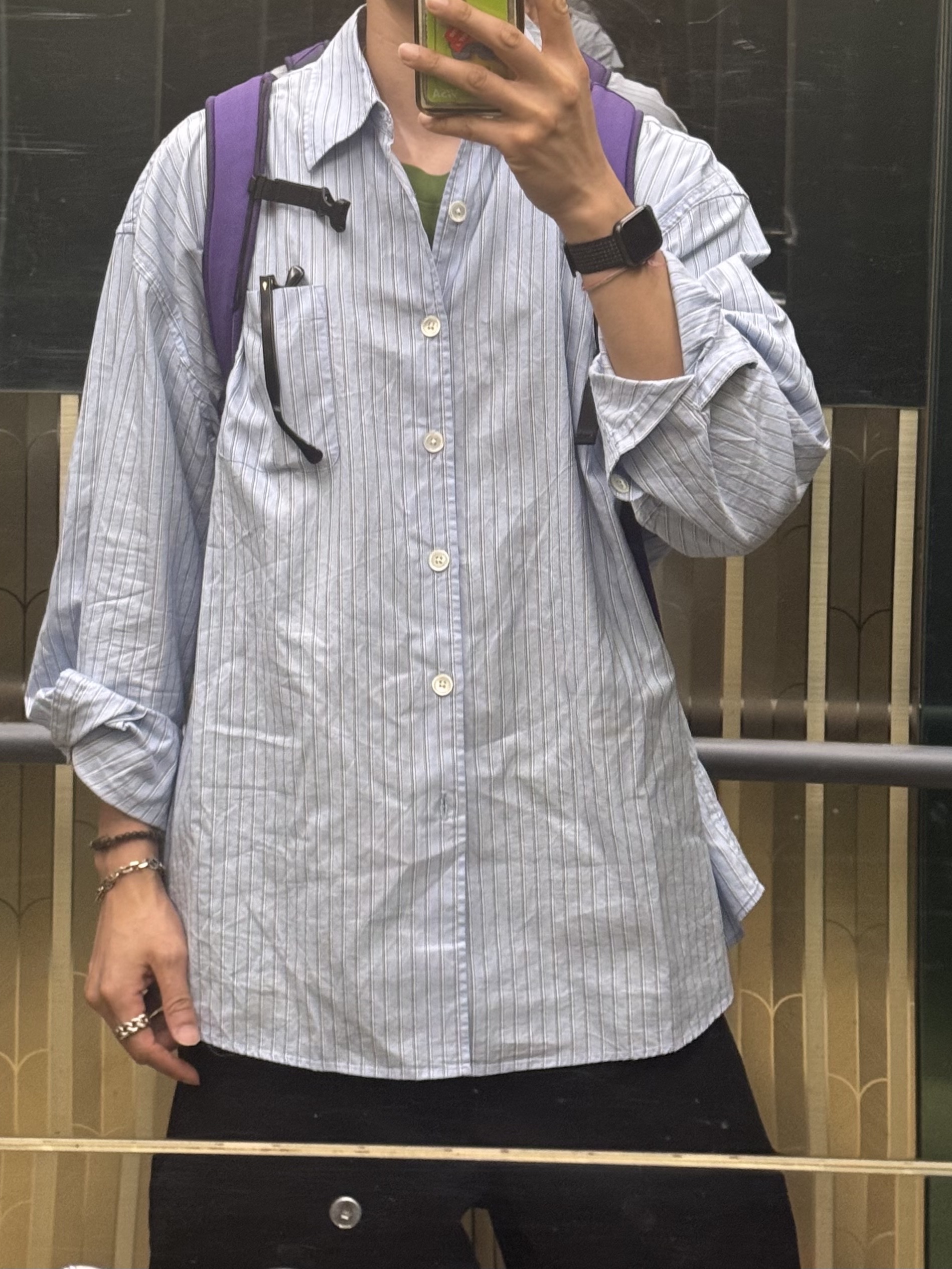 Our Legacy Borrowed Shirt Big Daddy Stripe Oxford, Supreme Chino Pant Black - 24FW 착용 스타일