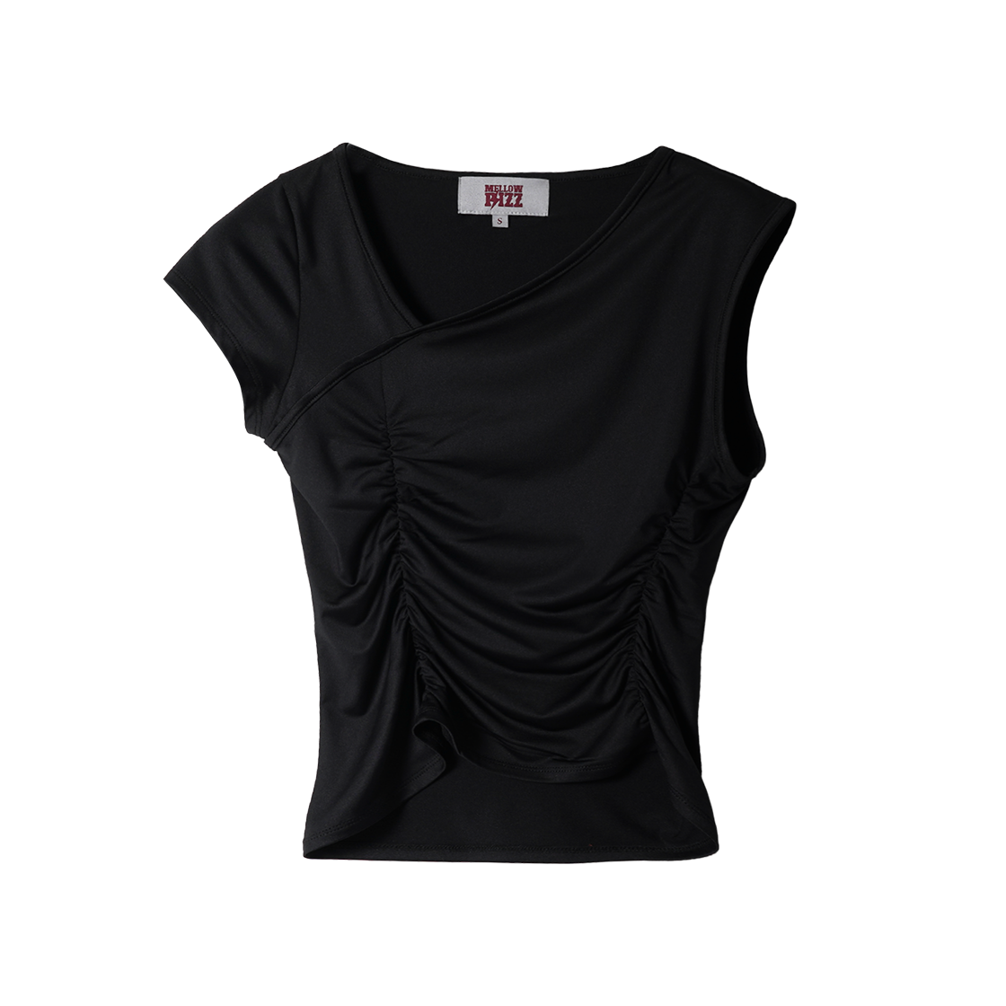 멜로우 원 오프숄더 셔링 탑 블랙(MELLOW One-Off Shoulder Shirring Top Black)