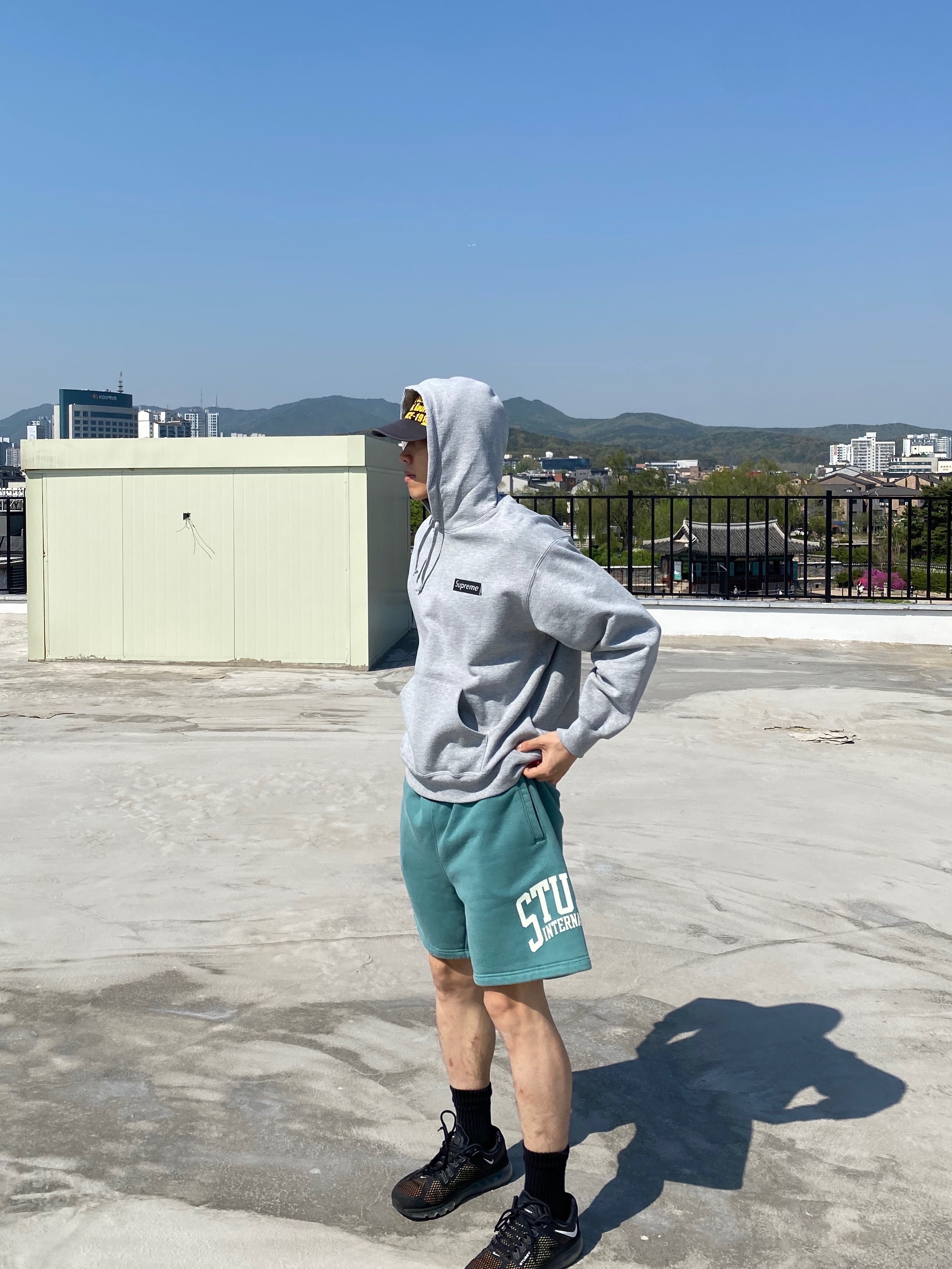 Stussy Fleece International Shorts Teal, Supreme Catwoman Hooded Sweatshirt Heather Grey - 23FW 착용 스타일 - 1
