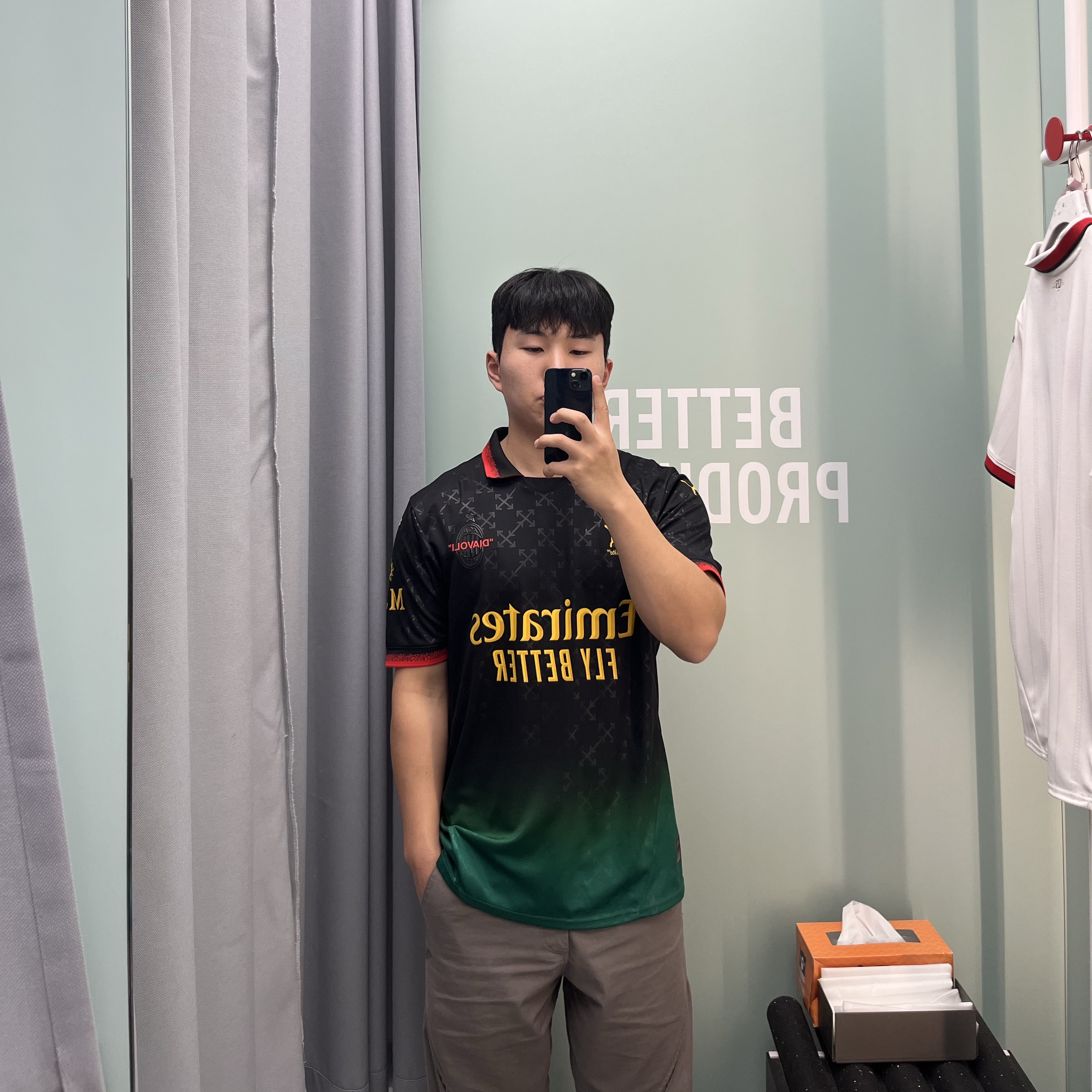 Puma x Off-White AC Milan 2024/25 4th Replica Jersey Black Power Green (Non Marking Ver.), Sansan Gear Taped Pants Mud Khaki - 23SS 착용 스타일