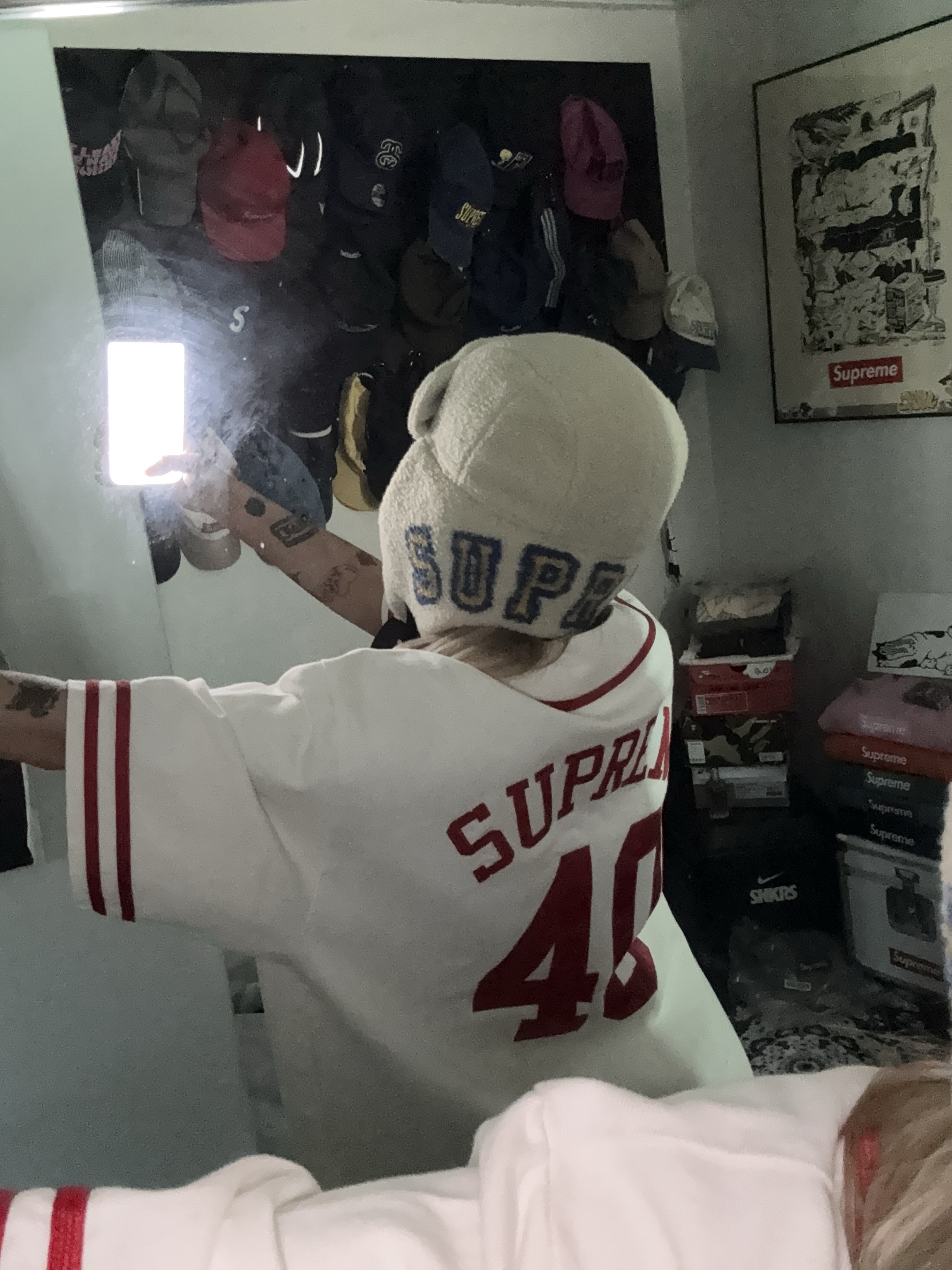 Supreme x 40 Acres Twill Baseball Jersey Natural - 25SS, Supreme Shearling Trooper Natural - 23FW 착용 스타일 - 2