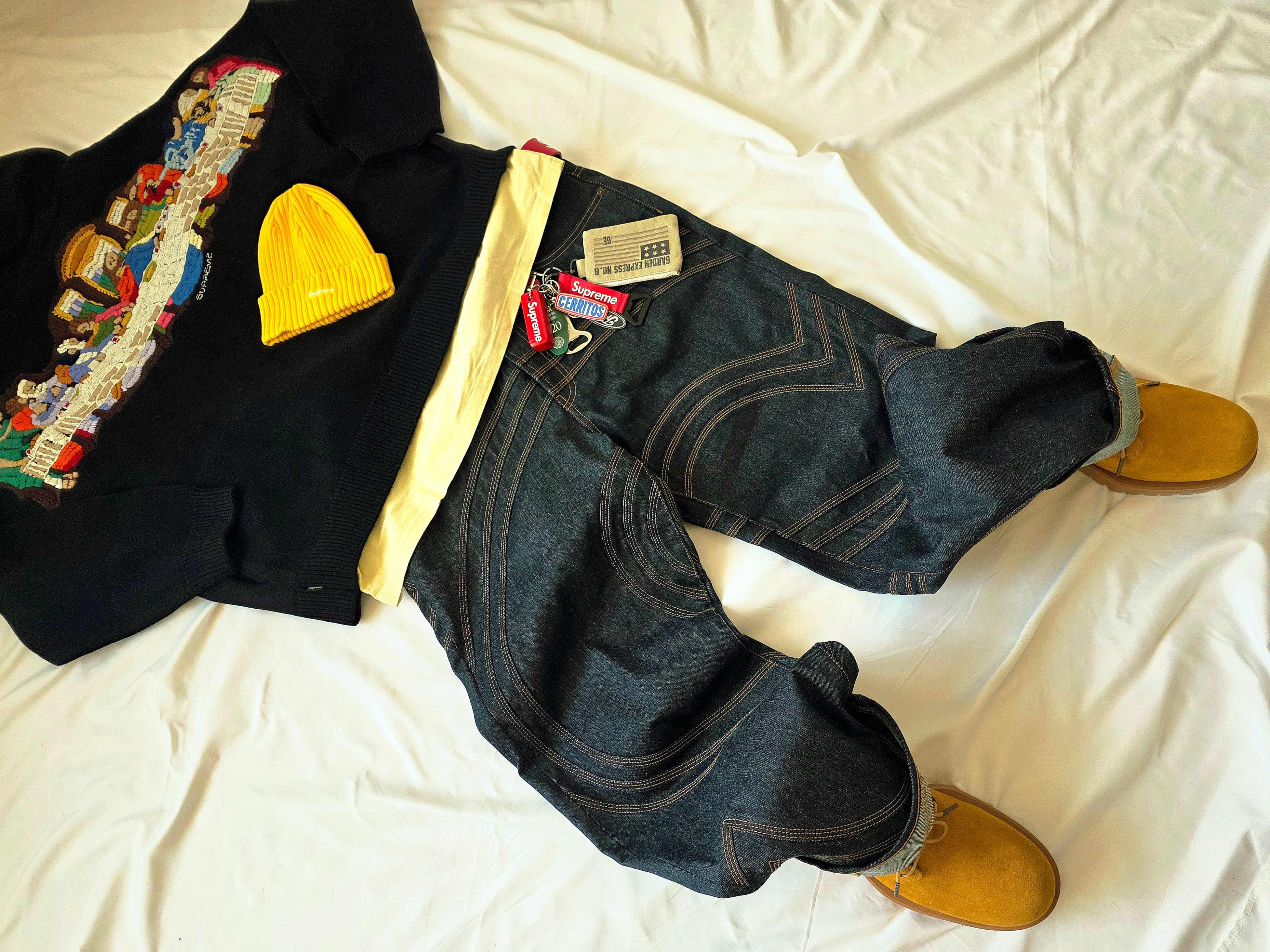 Supreme Last Supper Embroidered Zip Up Hooded Sweater Black - 25SS, Supreme S Logo Rigid Baggy Jean Rigid Indigo - 25SS 착용 스타일 - 4