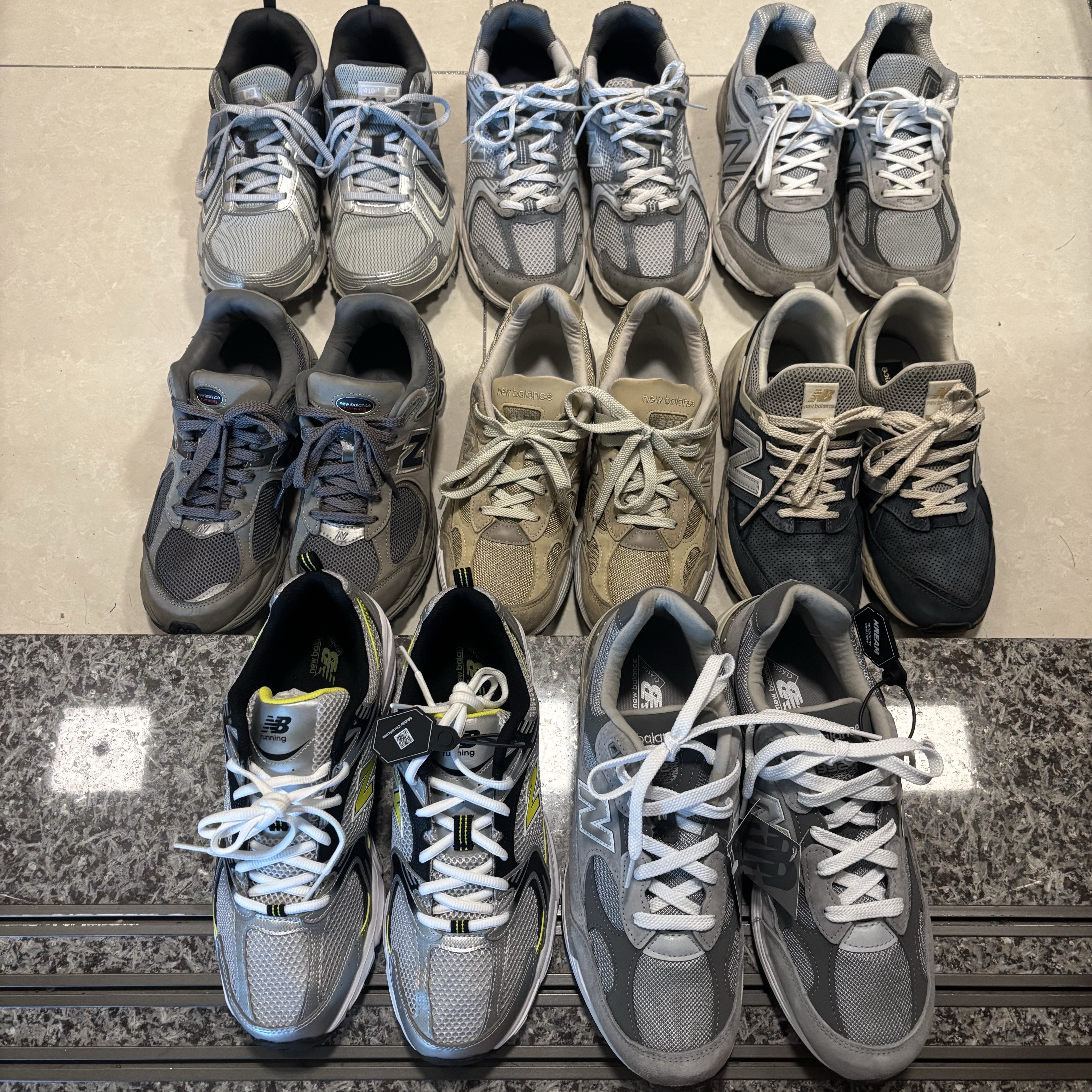New Balance 992 Made in USA Core Grey Silver Metallic, New Balance 530 Premium Vintage Grey Matter 착용 스타일