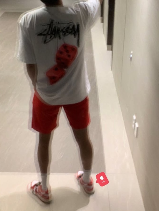 Stussy Fuzzy Dice T-Shirt White, Nike Dunk Low Retro PRM University Red Black 착용 스타일