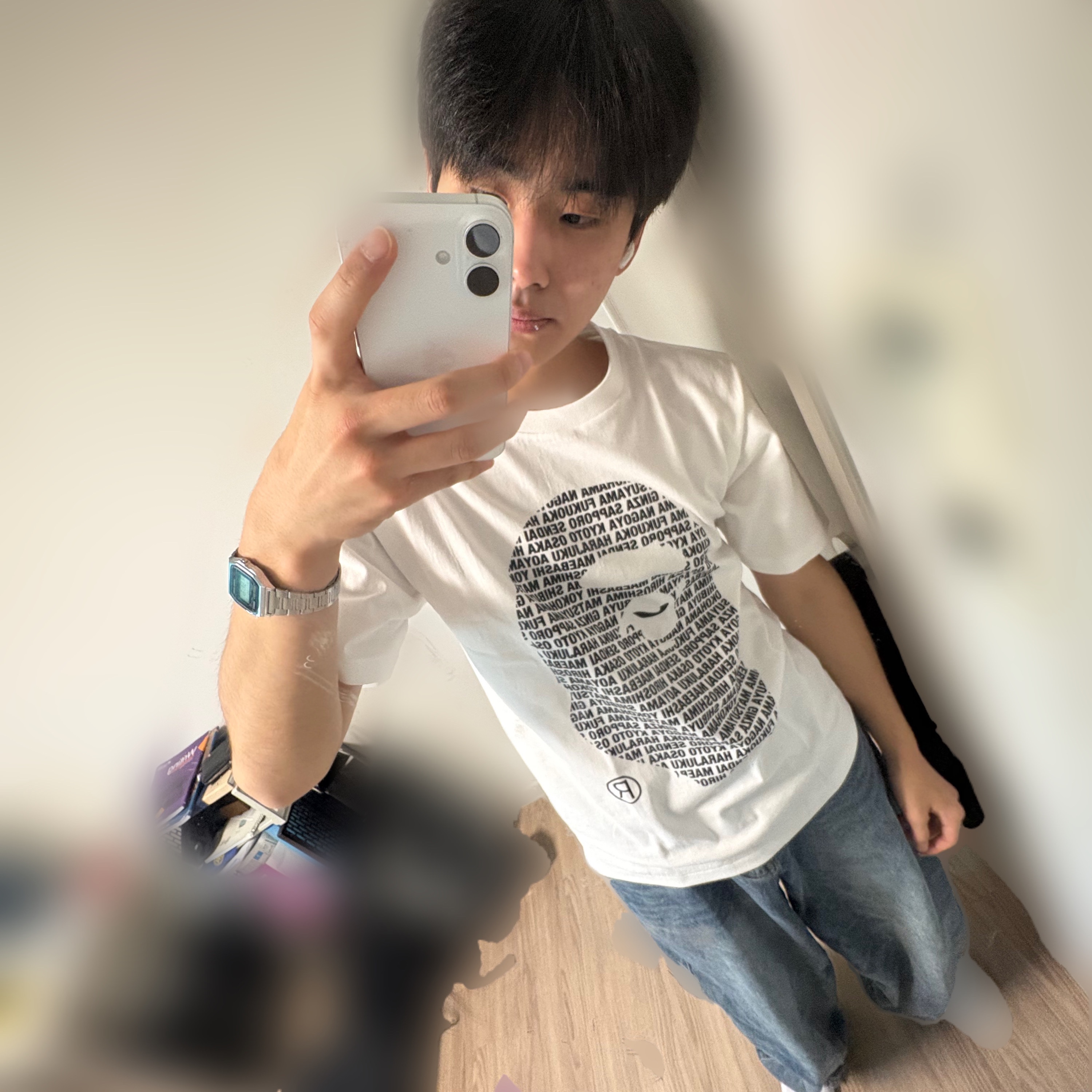 Casio A-158WA-1, BAPE Japan Ape Head T-Shirt White 착용 스타일