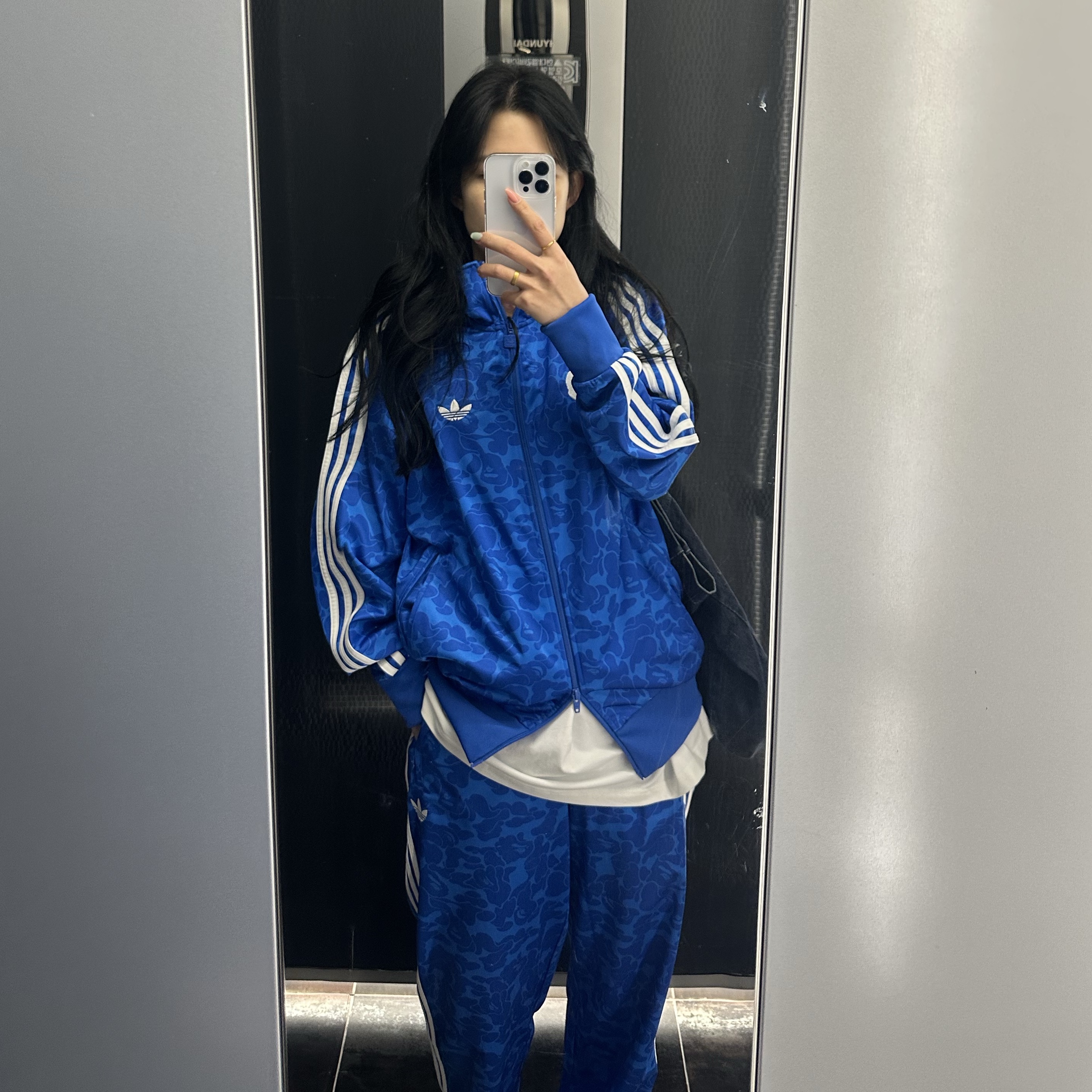 Adidas x BAPE Allover Print Track Top Blue - KR Sizing, Adidas x BAPE Firebird Track Pants Blue - KR Sizing 착용 스타일