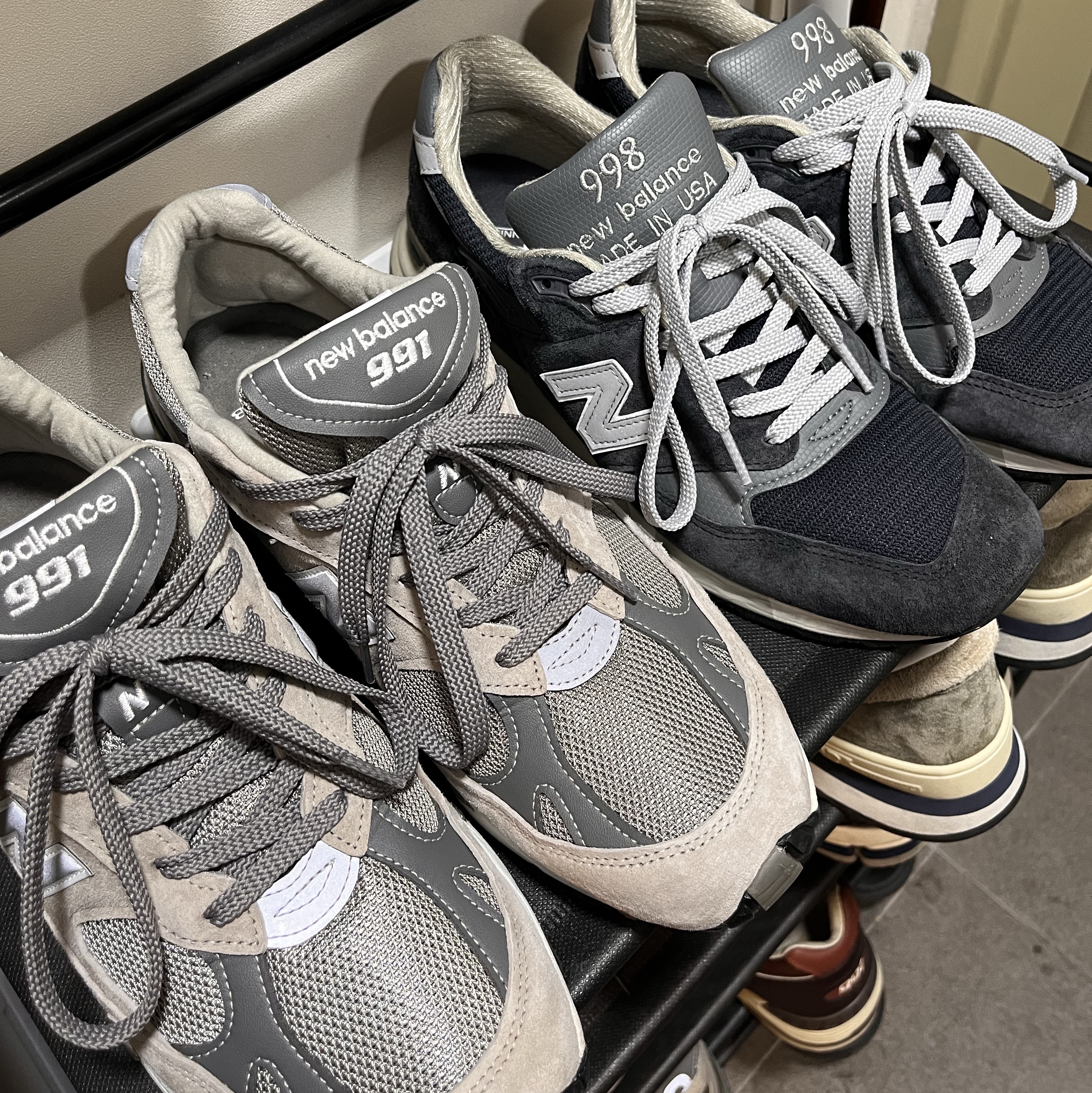 New Balance 991 Made in UK Grey, New Balance 998 Made in USA Navy Grey 착용 스타일