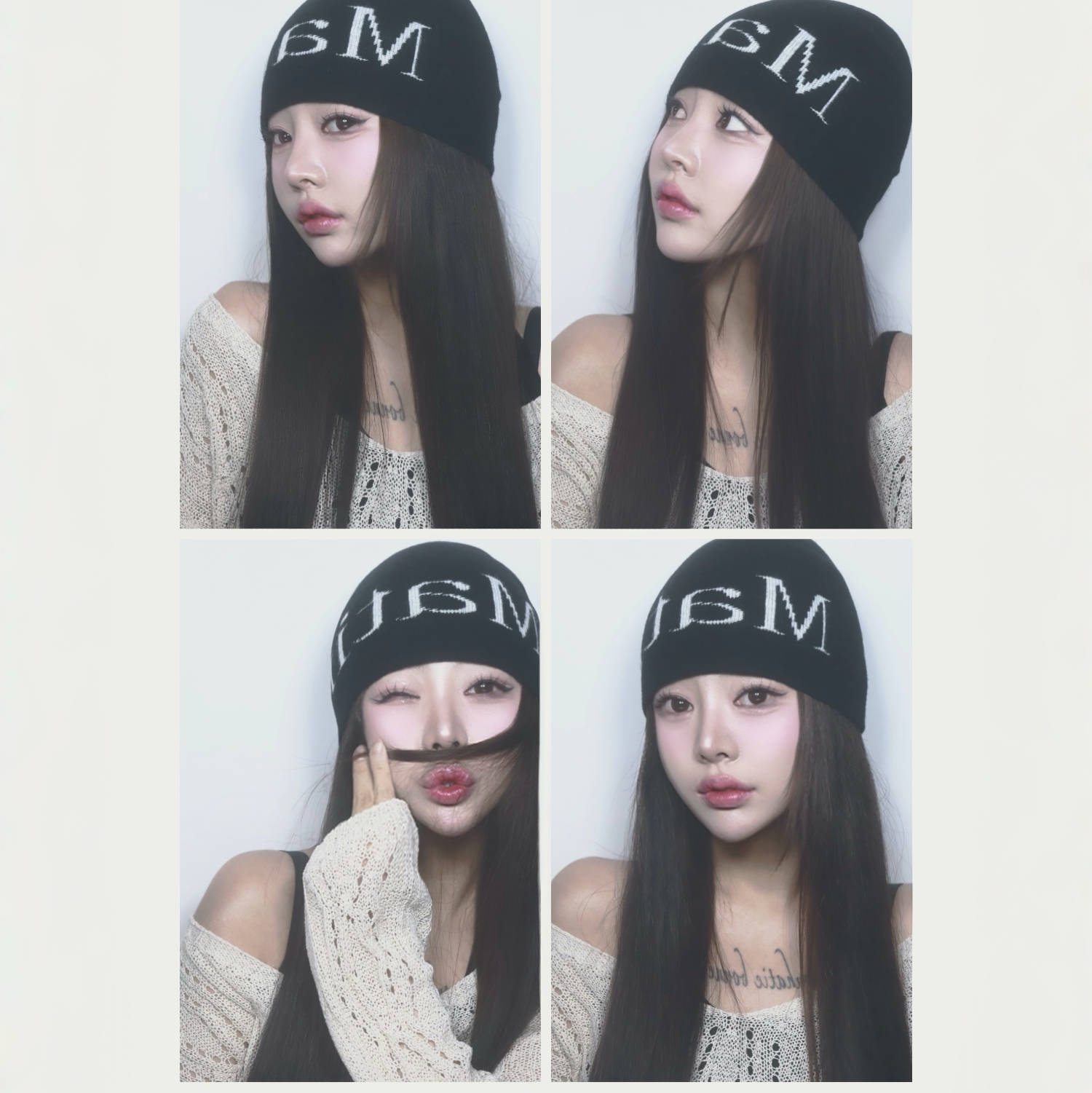 Matin Kim Logo Jacquard Short Beanie Black 착용 스타일