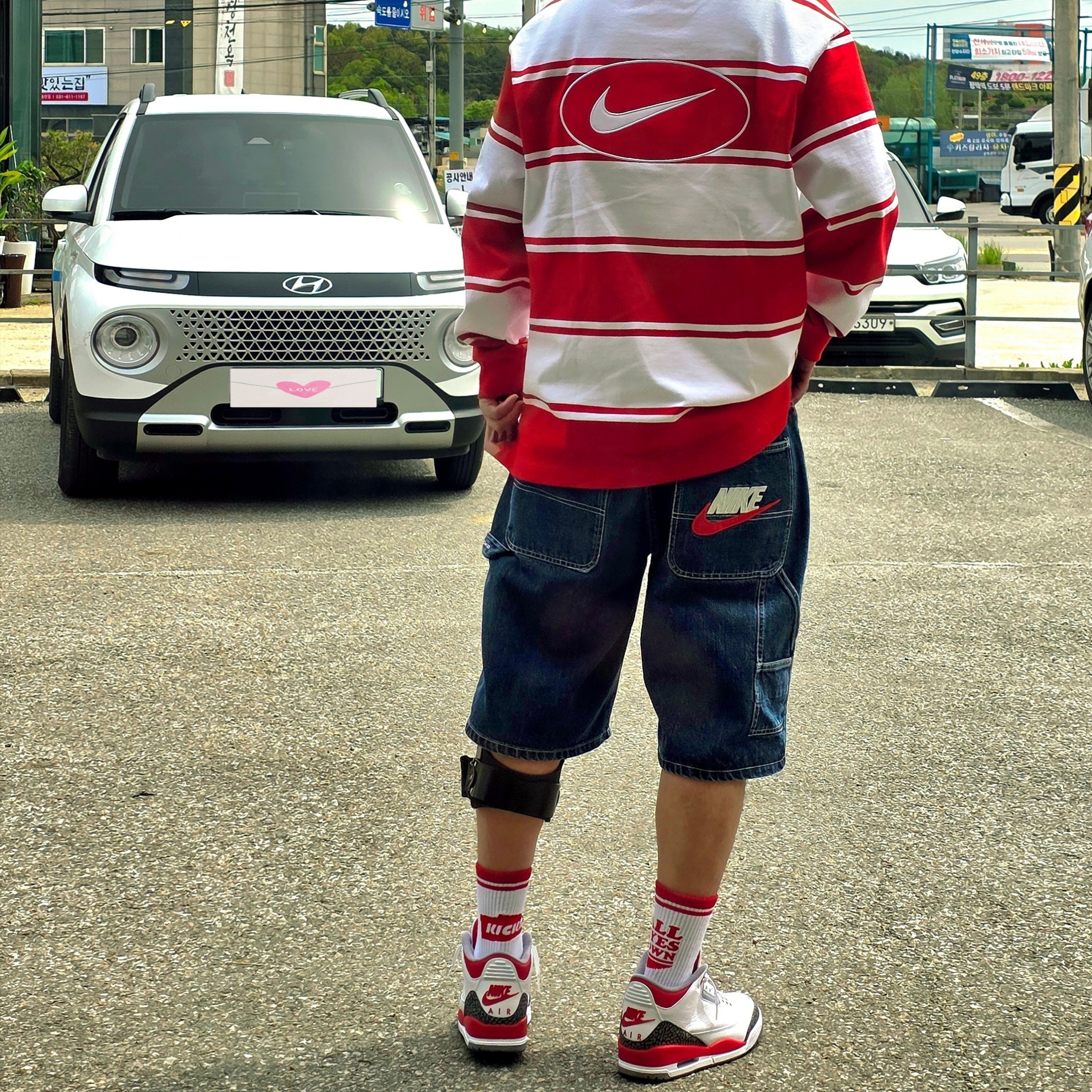 Jordan 3 Retro Fire Red 2022, Supreme x Nike Stripe Rugby Red - 25SS 착용 스타일 - 4