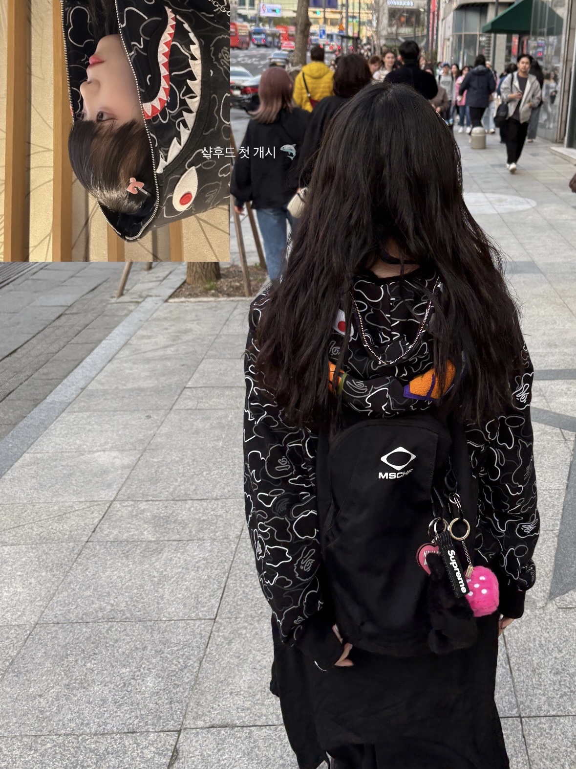 BAPE Neon Camo Shark Full Zip Hoodie Black, (W) Nike Shox R4 Black 착용 스타일 - 2