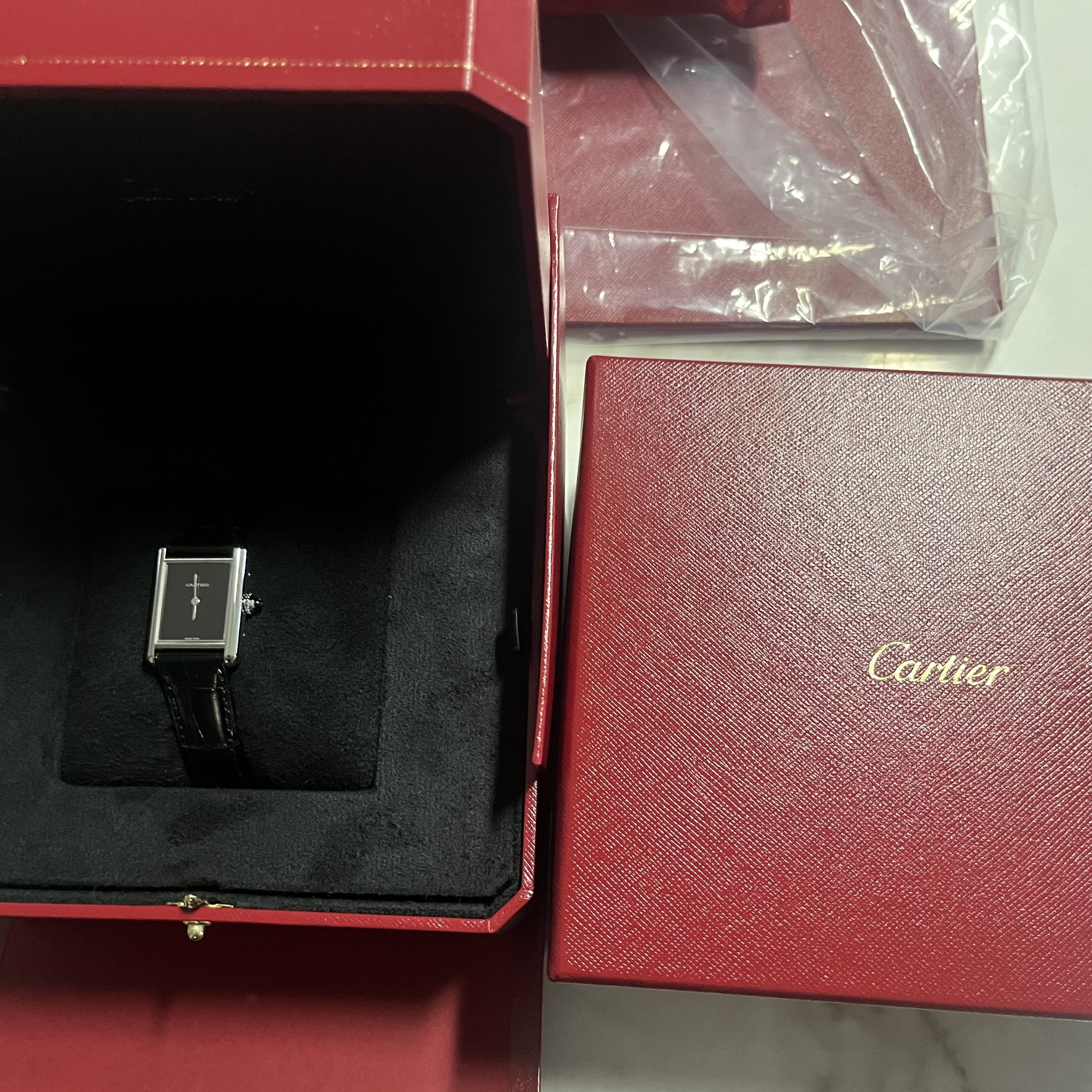 Cartier Tank Must Watch Small Quartz Steel Alligator Skin Black 착용 스타일 - 1