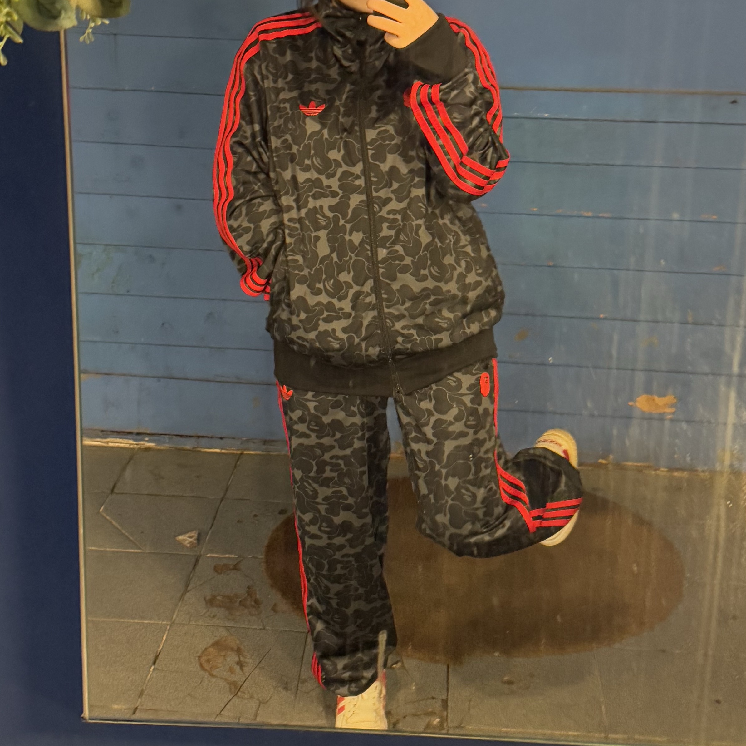Adidas x BAPE Allover Print Track Top Black - KR Sizing, Adidas x BAPE Firebird Track Pants Black - KR Sizing 착용 스타일 - 2