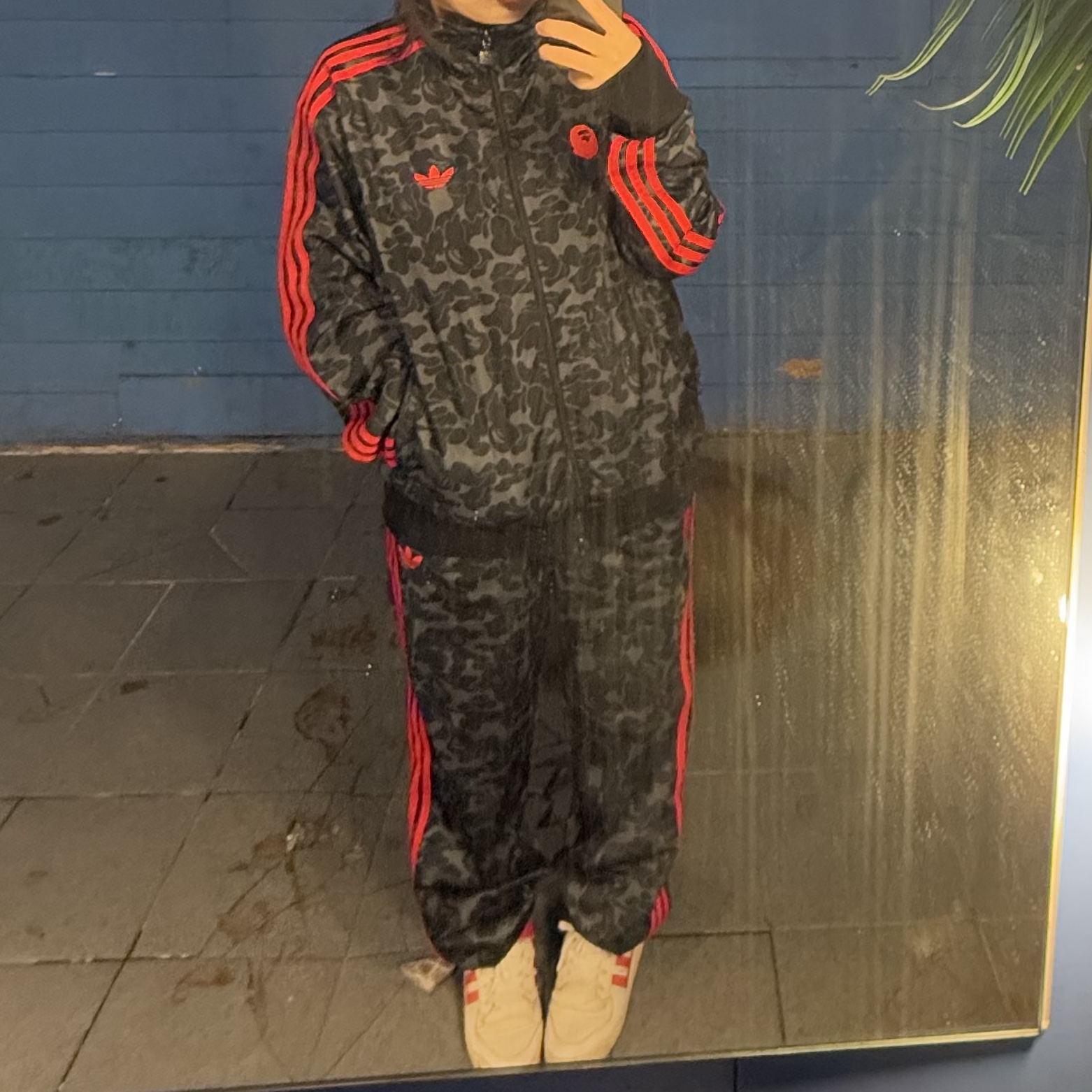 Adidas x BAPE Allover Print Track Top Black - KR Sizing, Adidas x BAPE Firebird Track Pants Black - KR Sizing 착용 스타일 - 1