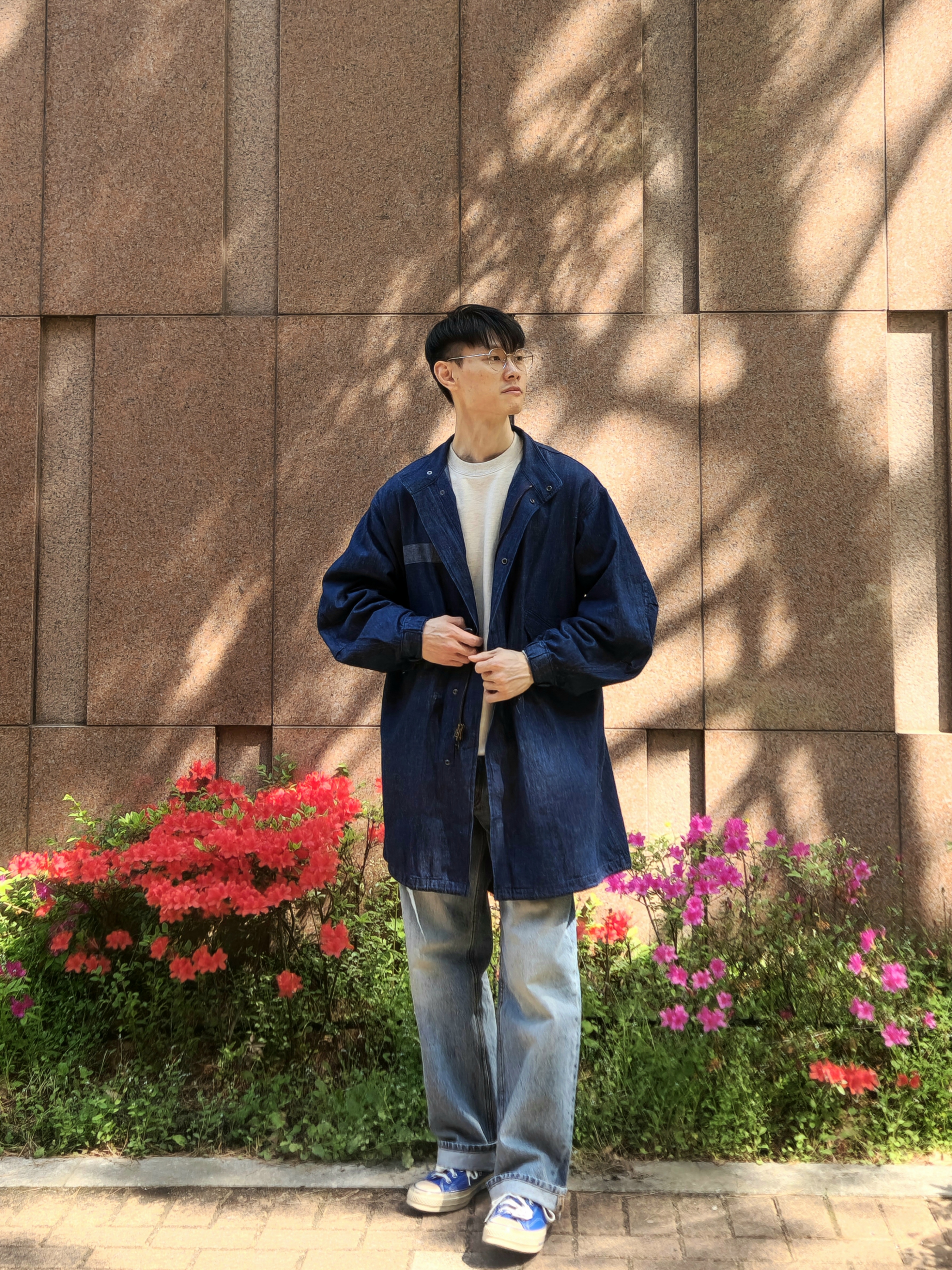 Converse x Ader Error Chuck 70 Ox Imperial Blue, Ader Error Sig; TRS Tag Knit 01 Oatmeal 착용 스타일