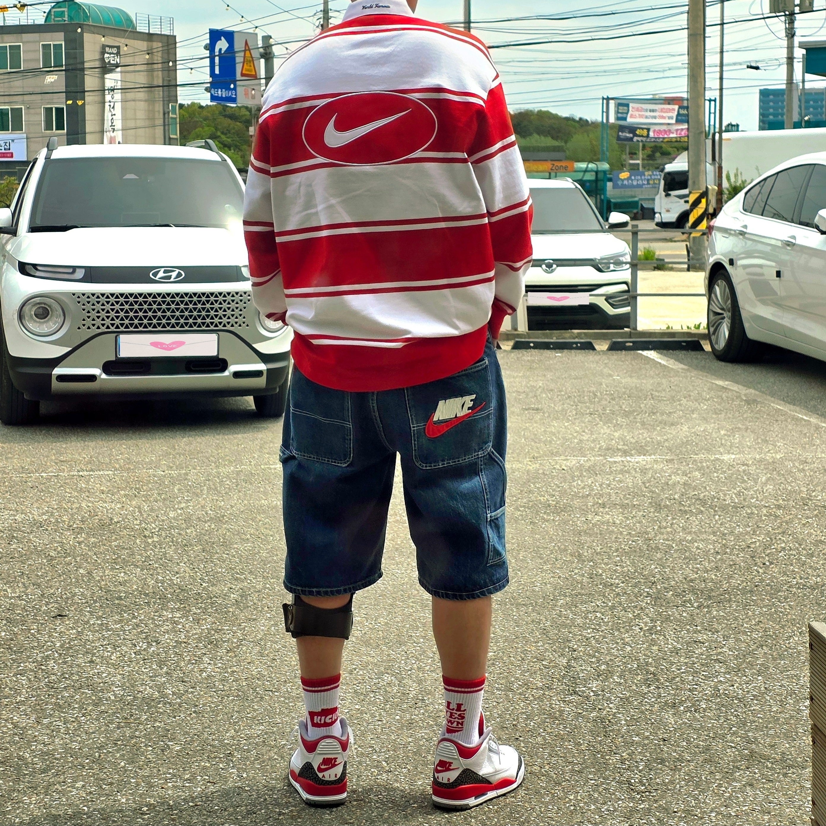 Jordan 3 Retro Fire Red 2022, Supreme x Nike Stripe Rugby Red - 25SS 착용 스타일 - 2
