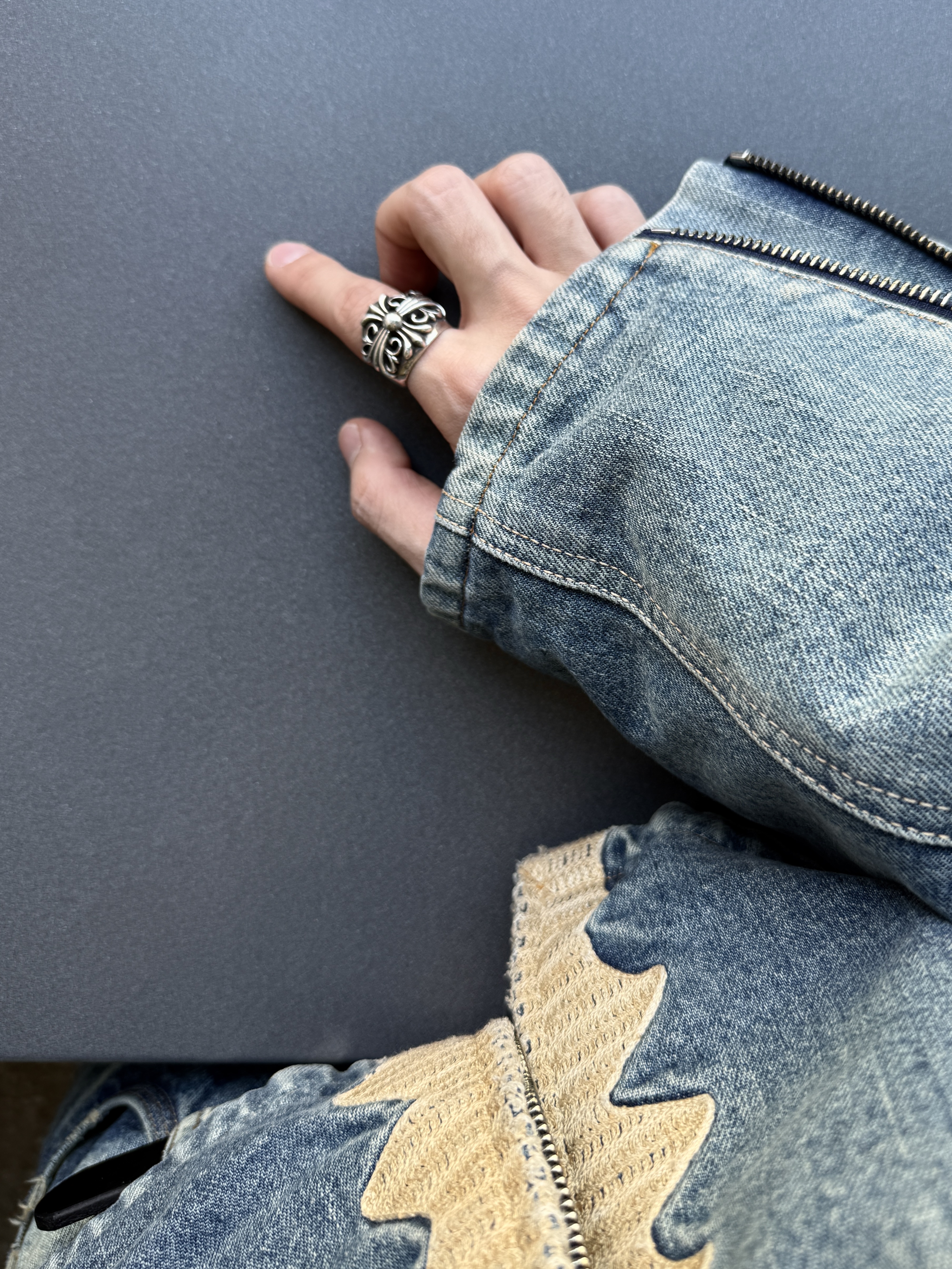 Kapital 14 oz. Black X Black Denim Motocross Bone Jacket Denim 착용 스타일 - 3
