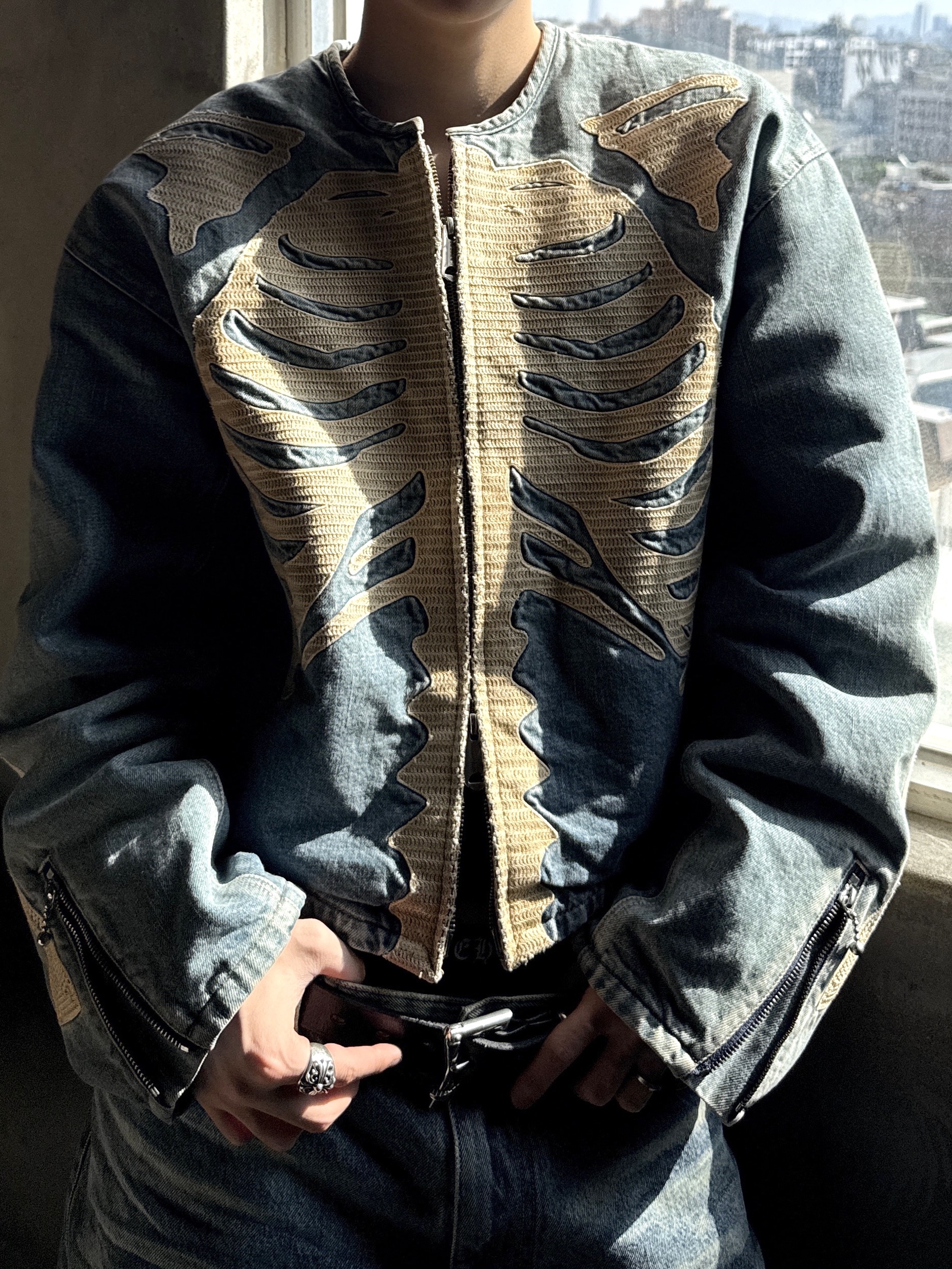 Kapital 14 oz. Black X Black Denim Motocross Bone Jacket Denim 착용 스타일 - 2