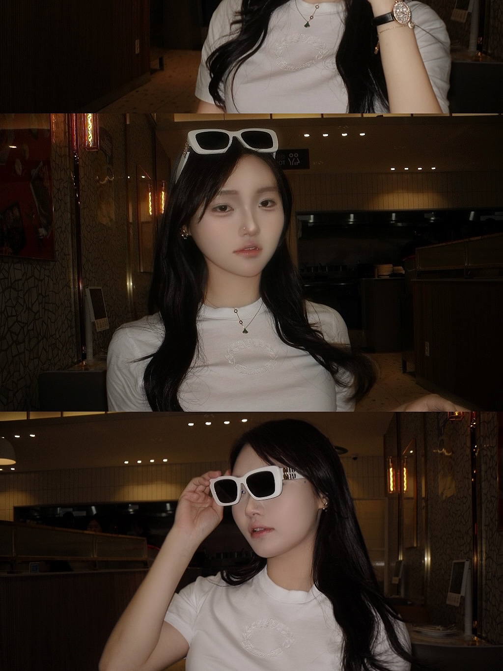 (W) Chanel Stud Earrings Metal Strass & Gold Crystal, (W) Burberry Embroidered Oak Leaf Crest Cotton T-Shirt White 착용 스타일
