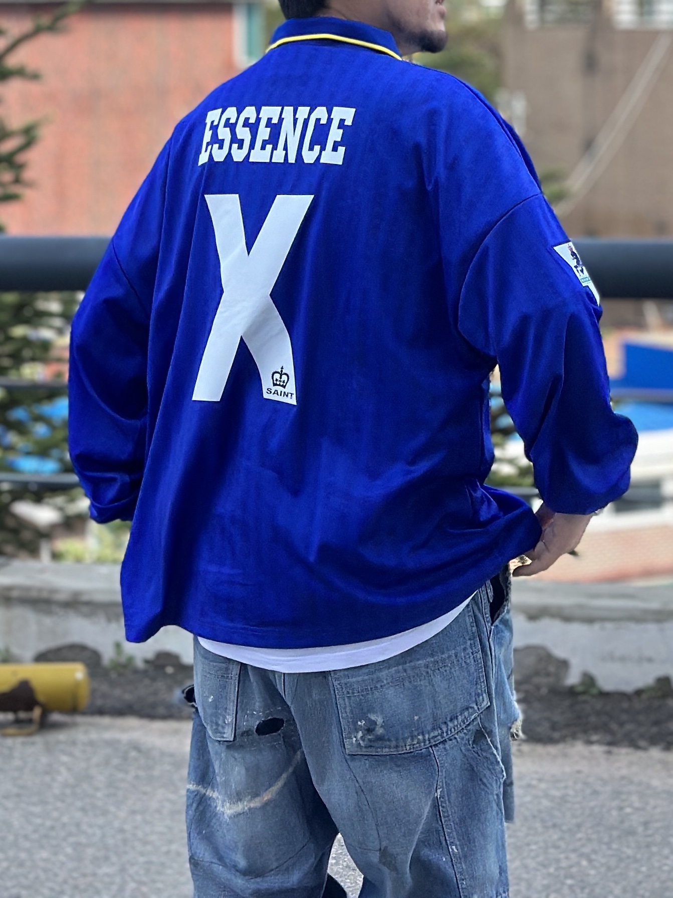 Saint Mxxxxxx x Public Enemy SNT Enemy Game Shirt Blue, Saint Mxxxxxx Painter Denim Pants Blue - 24SS 착용 스타일 - 3