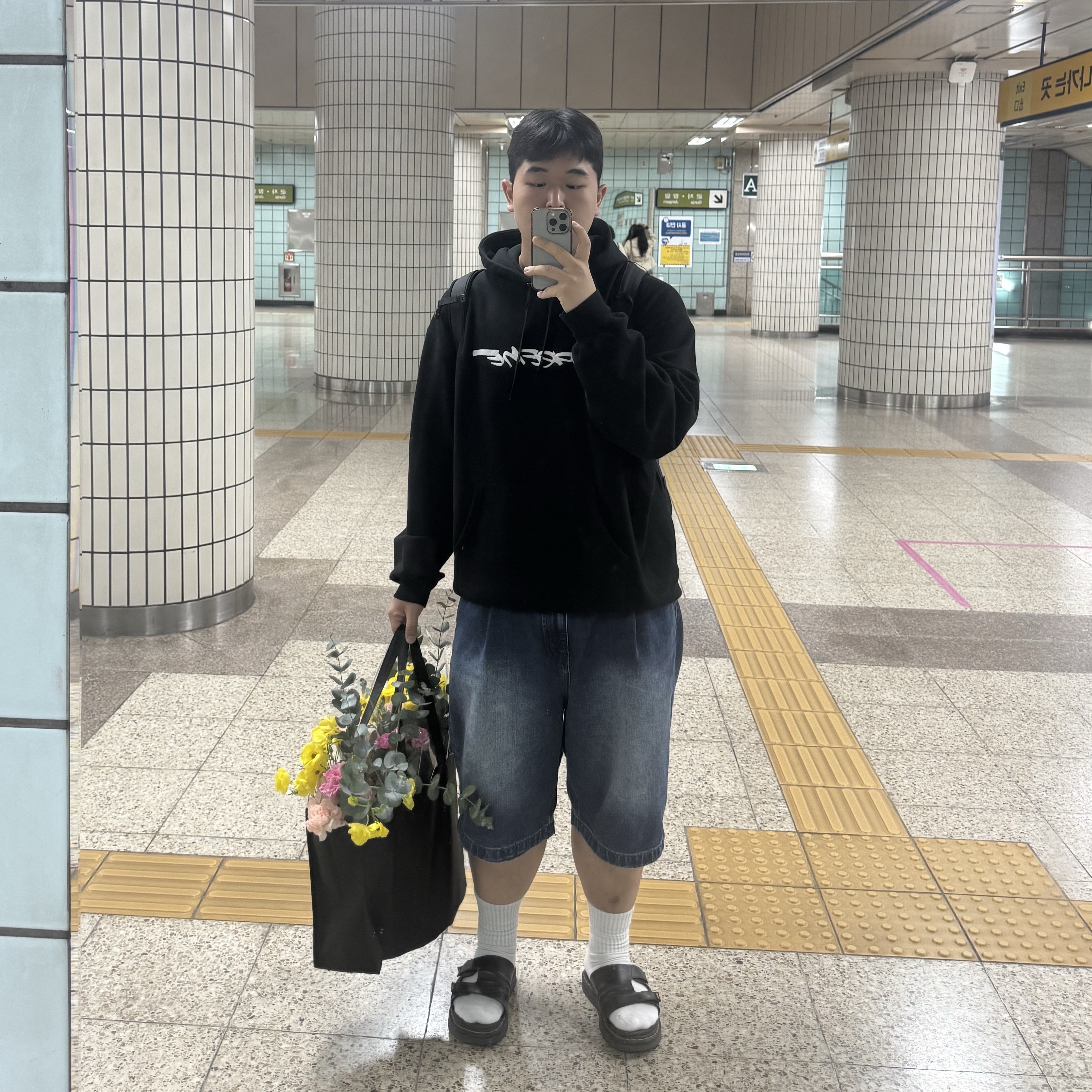 Dr. Martens Nikolai Sandal Black, Supreme Futura Hooded Sweatshirt Black - 24SS 착용 스타일