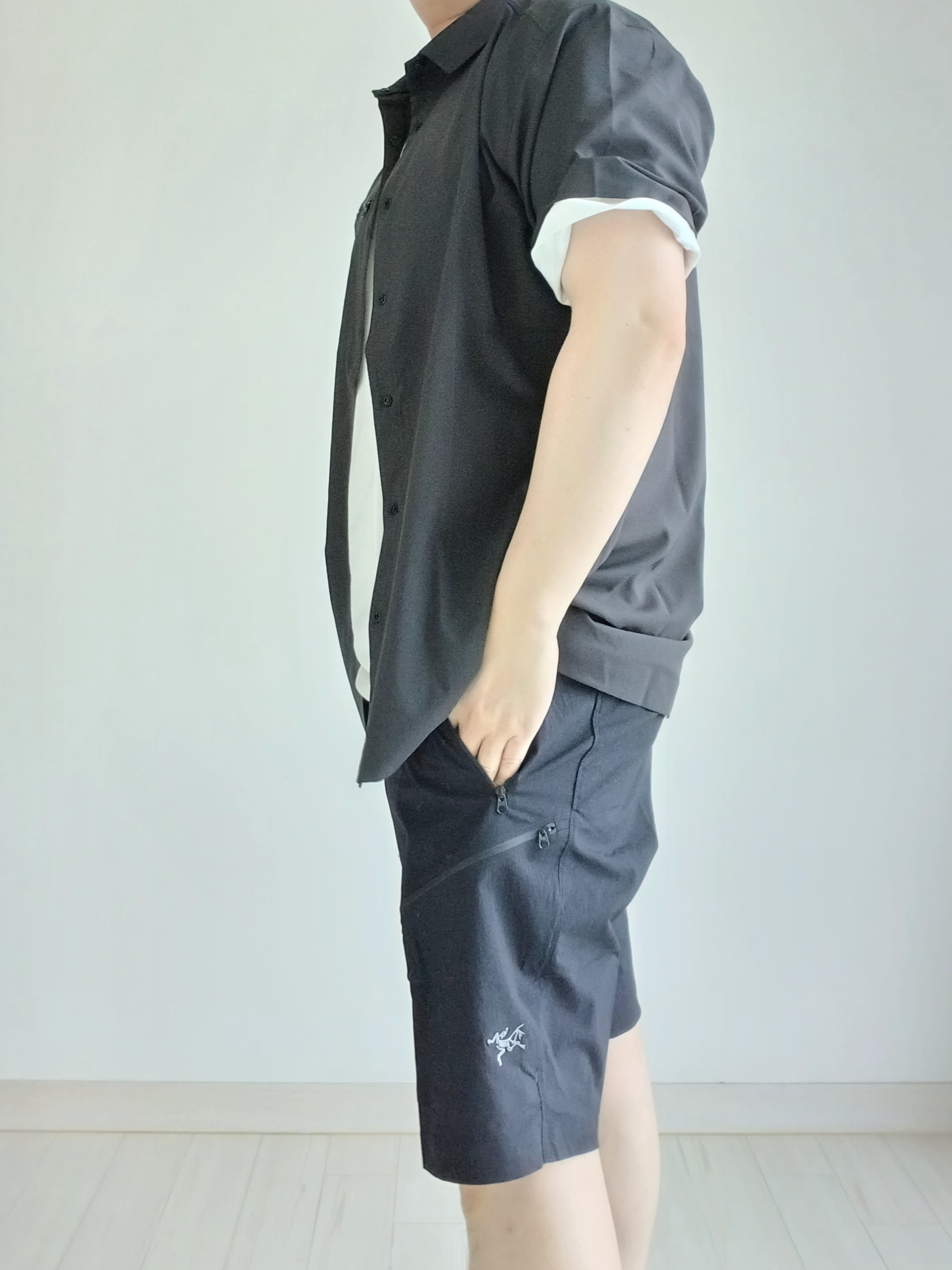 Arc'teryx Gamma Quick Dry Shorts 11 Inch Black, Arc'teryx Skyline LS Shirts Black 착용 스타일 - 9