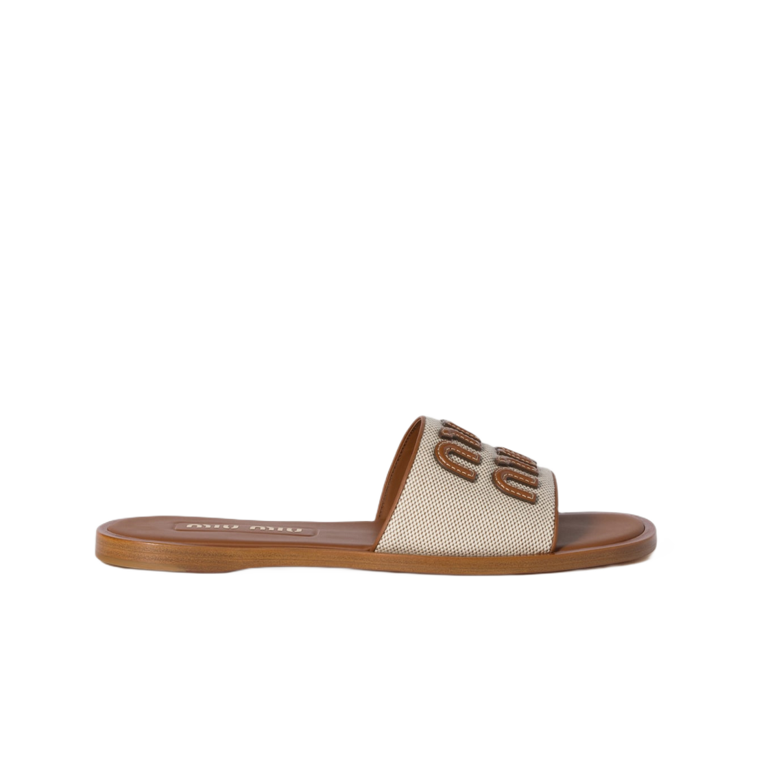 (W) 미우 미우 캔버스 앤 레더 슬라이드 베이지 브랜디((W) Miu Miu Canvas and Leather Slide Beige Brandy)