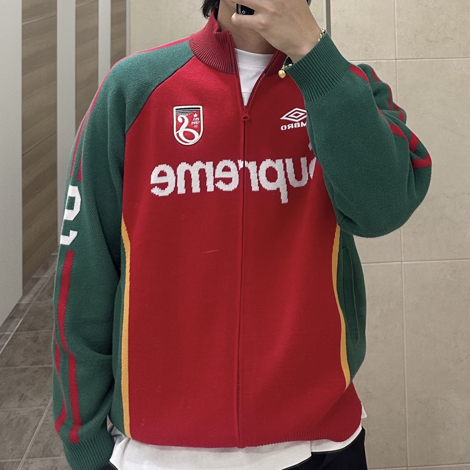 Supreme x Umbro Zip Up Sweater Red - 25SS 착용 스타일