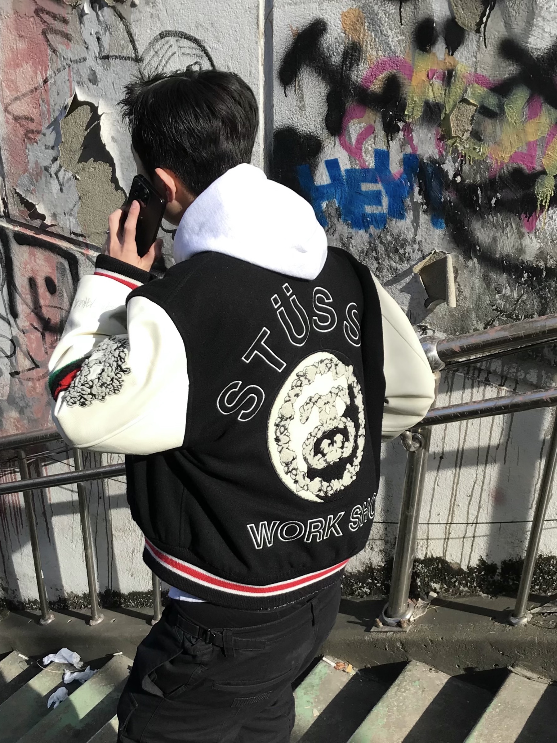 Stussy x Our Legacy x Denim Tears TTL Varsity Jacket Black, Balenciaga Flared Cargo Pants Black 착용 스타일 - 2
