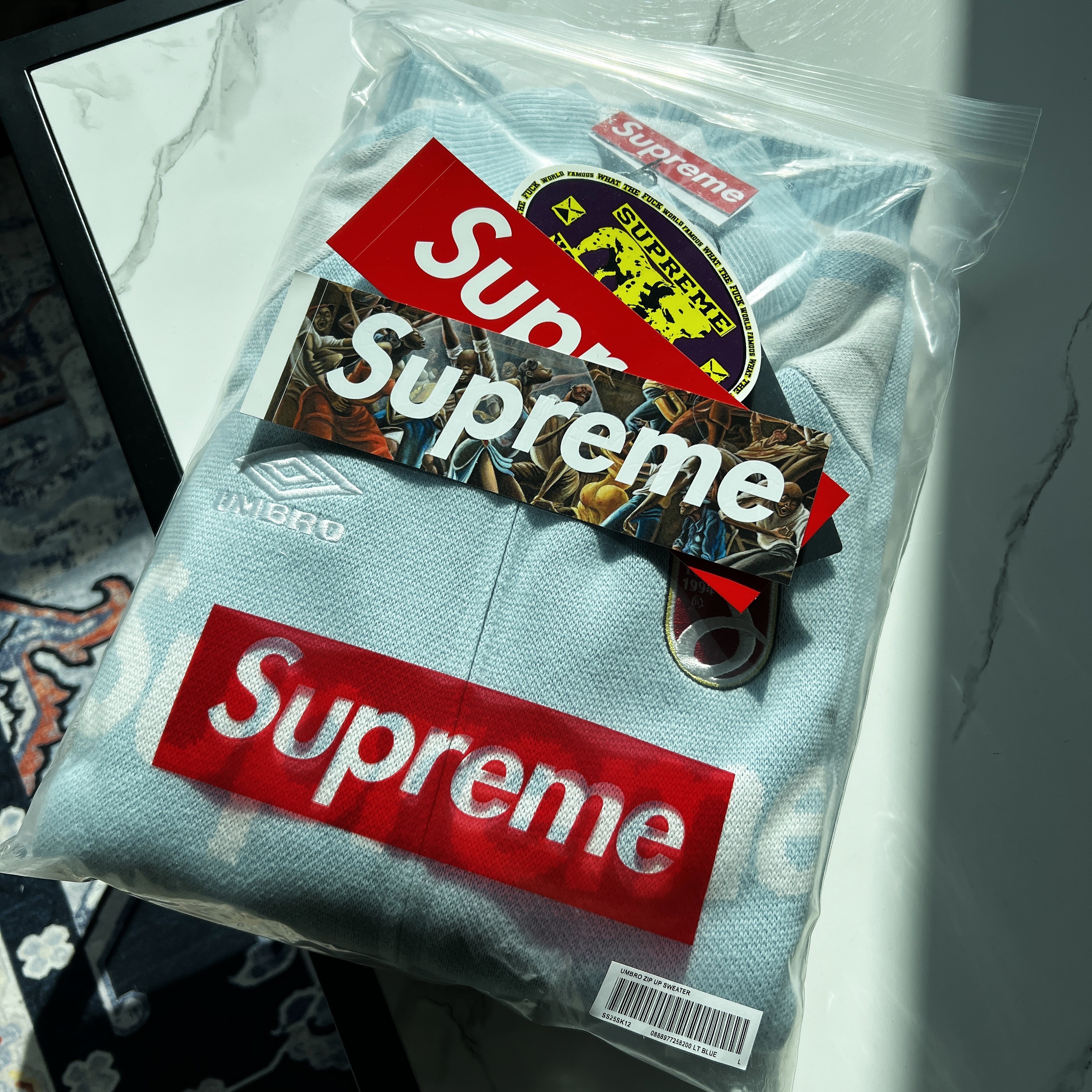 Supreme x Umbro Zip Up Sweater Light Blue - 25SS 착용 스타일