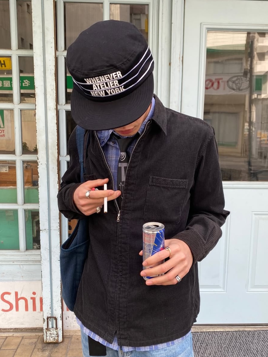 Millo Archive Isoline Flat Cap Black, Studiotable Trimming Flat Cap Navy 착용 스타일 - 3