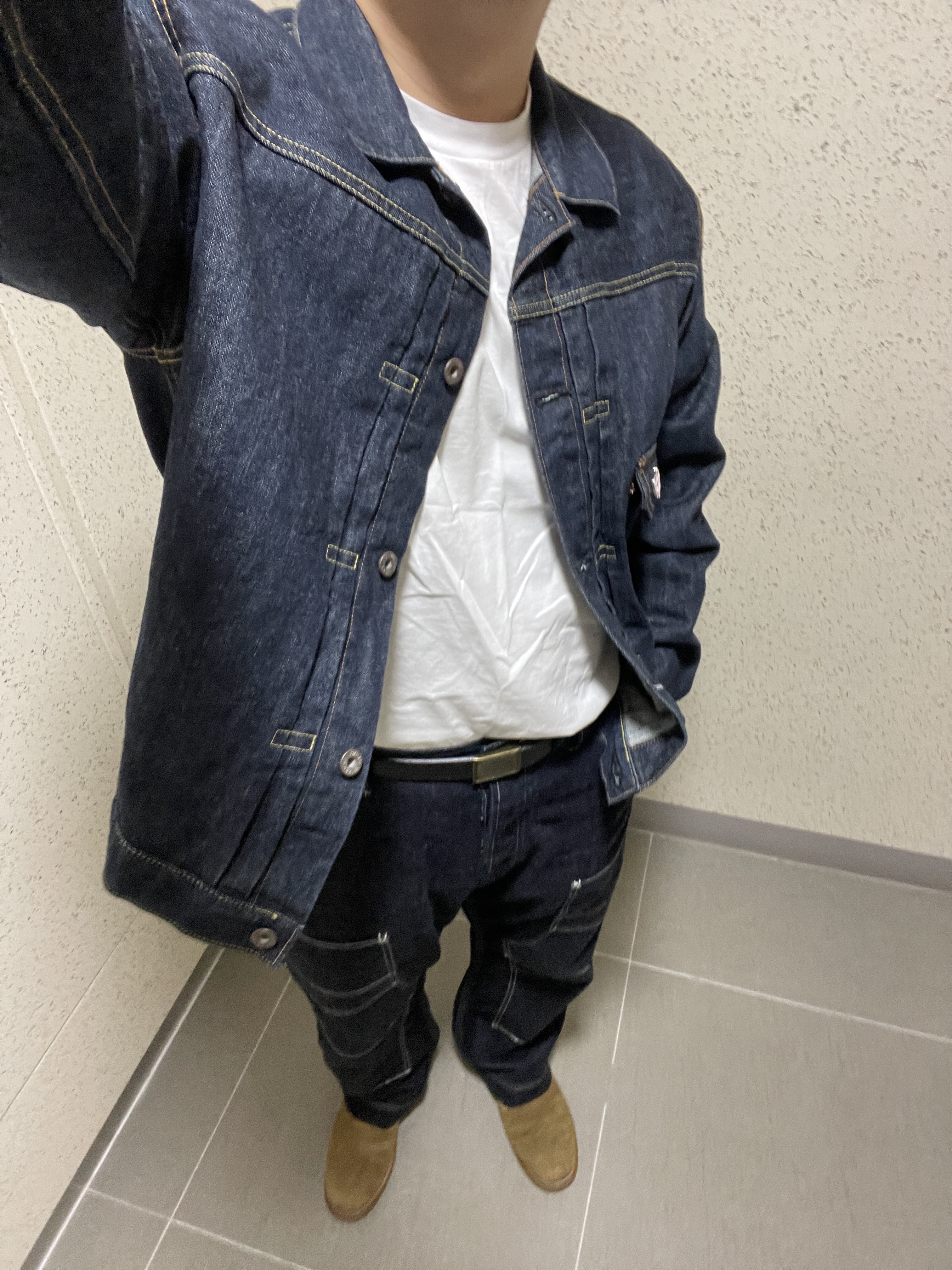 Kapital 14 oz. Denim 1ST One Wash Jacket Indigo, The Real McCoy's Logo Baseball Cap Red 착용 스타일 - 2