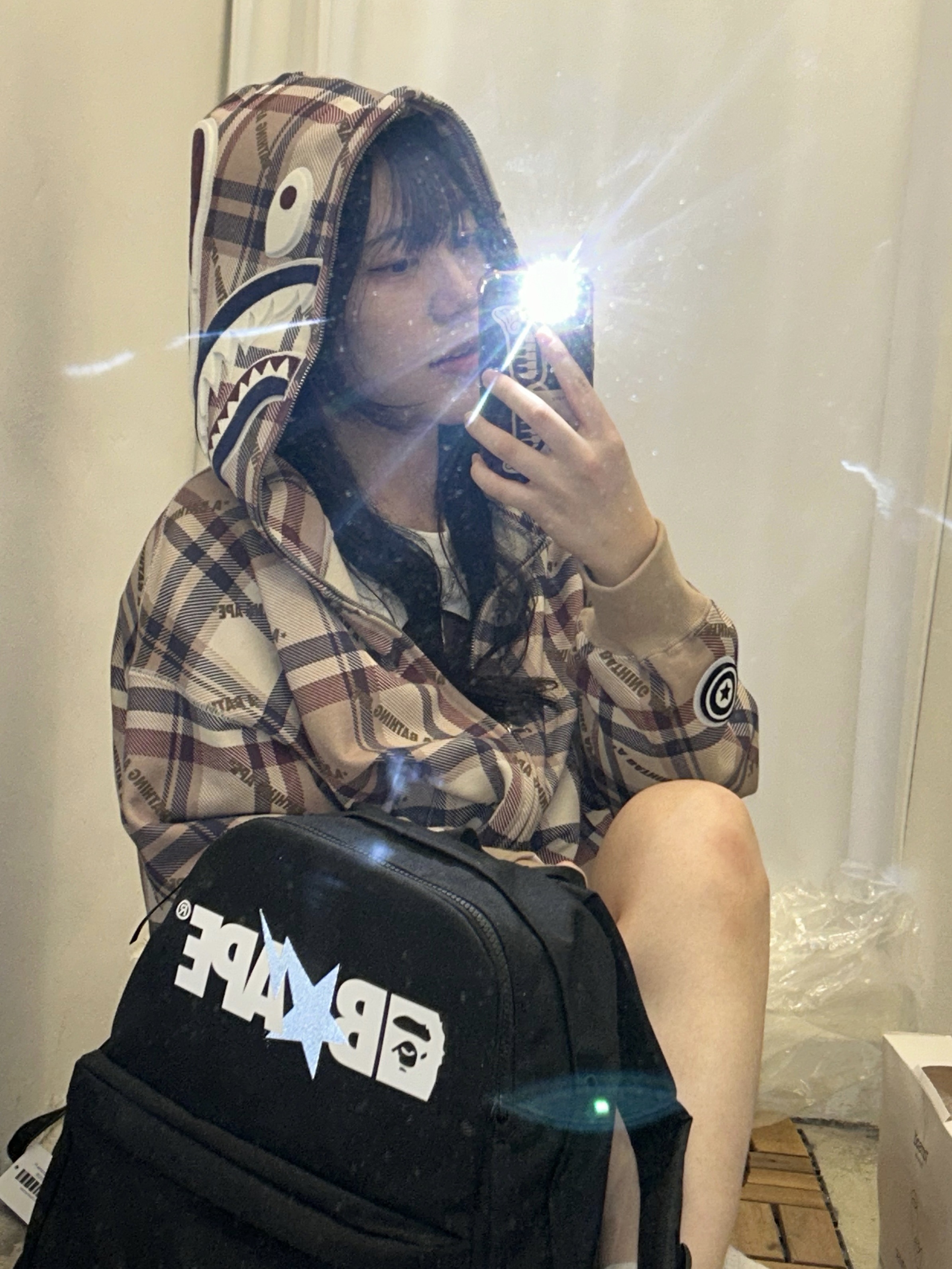 BAPE Logo Check Pattern Shark Full Zip Hoodie Beige, BAPE Summer Bag Backpack Black - 23SS 착용 스타일 - 1