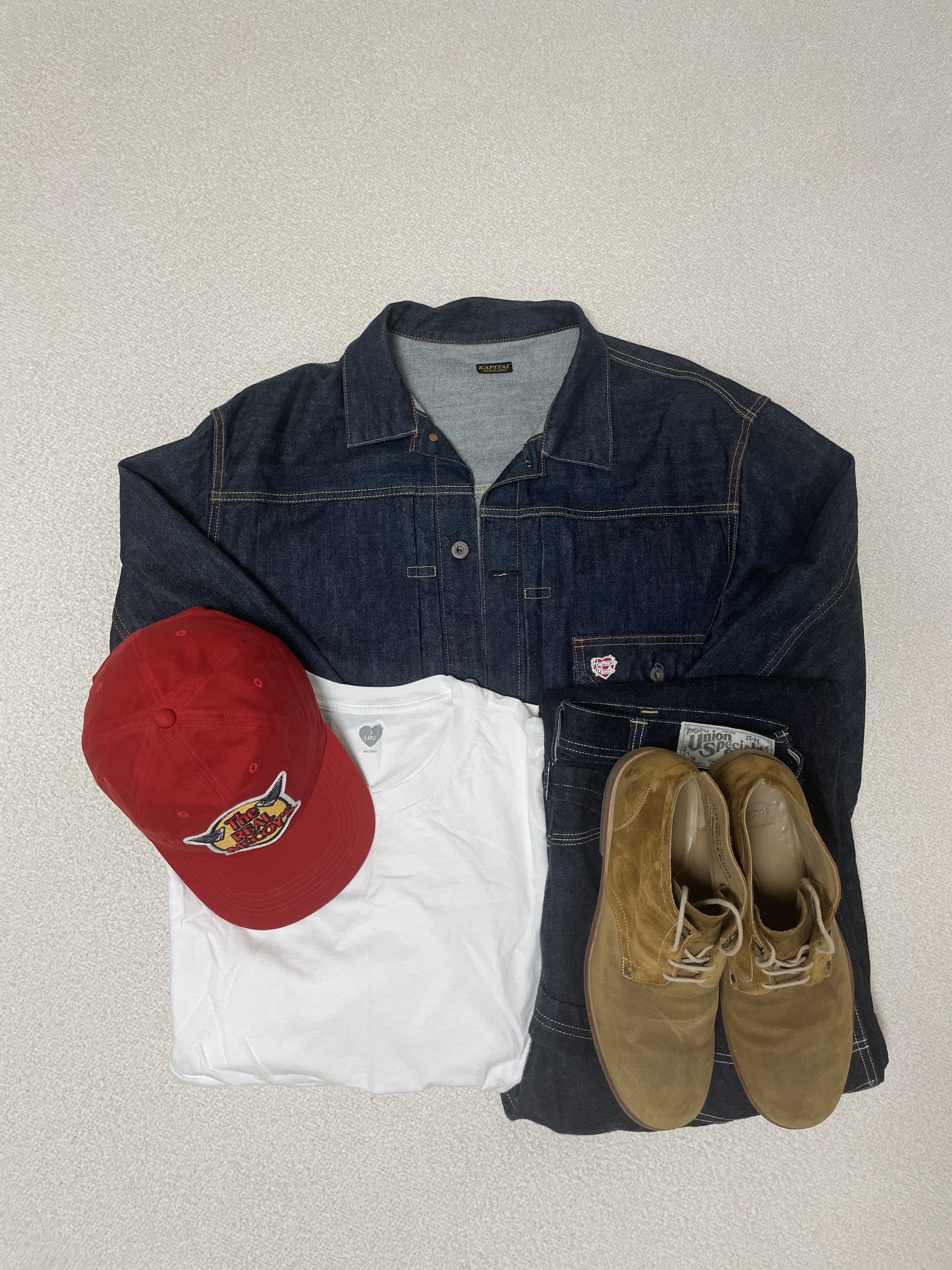 Kapital 14 oz. Denim 1ST One Wash Jacket Indigo, The Real McCoy's Logo Baseball Cap Red 착용 스타일 - 1