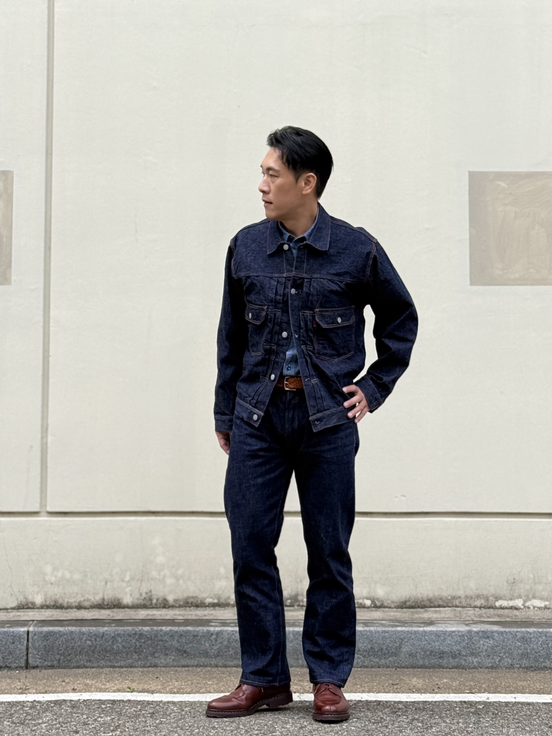 Fullcount 1101W Straight Denim One Wash Indigo Blue, Fullcount 2102W-20 Type 2 Denim Jacket One Wash Indigo Blue - Red Tab 착용 스타일 - 5