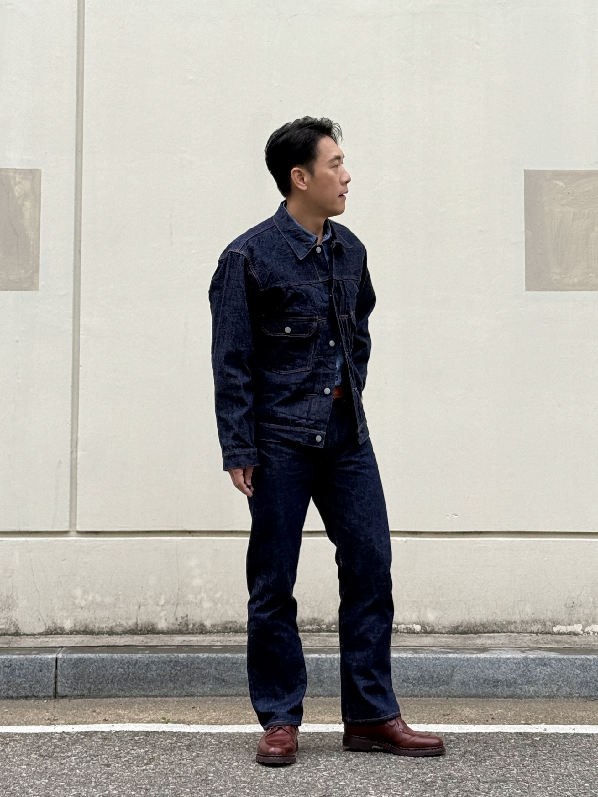 Fullcount 1101W Straight Denim One Wash Indigo Blue, Fullcount 2102W-20 Type 2 Denim Jacket One Wash Indigo Blue - Red Tab 착용 스타일 - 3