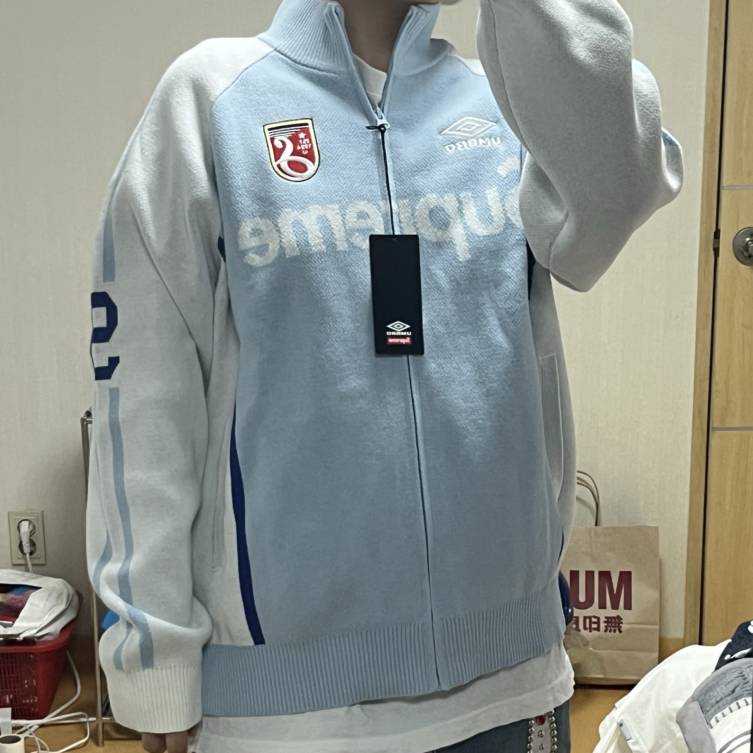 Supreme x Umbro Zip Up Sweater Light Blue - 25SS 착용 스타일