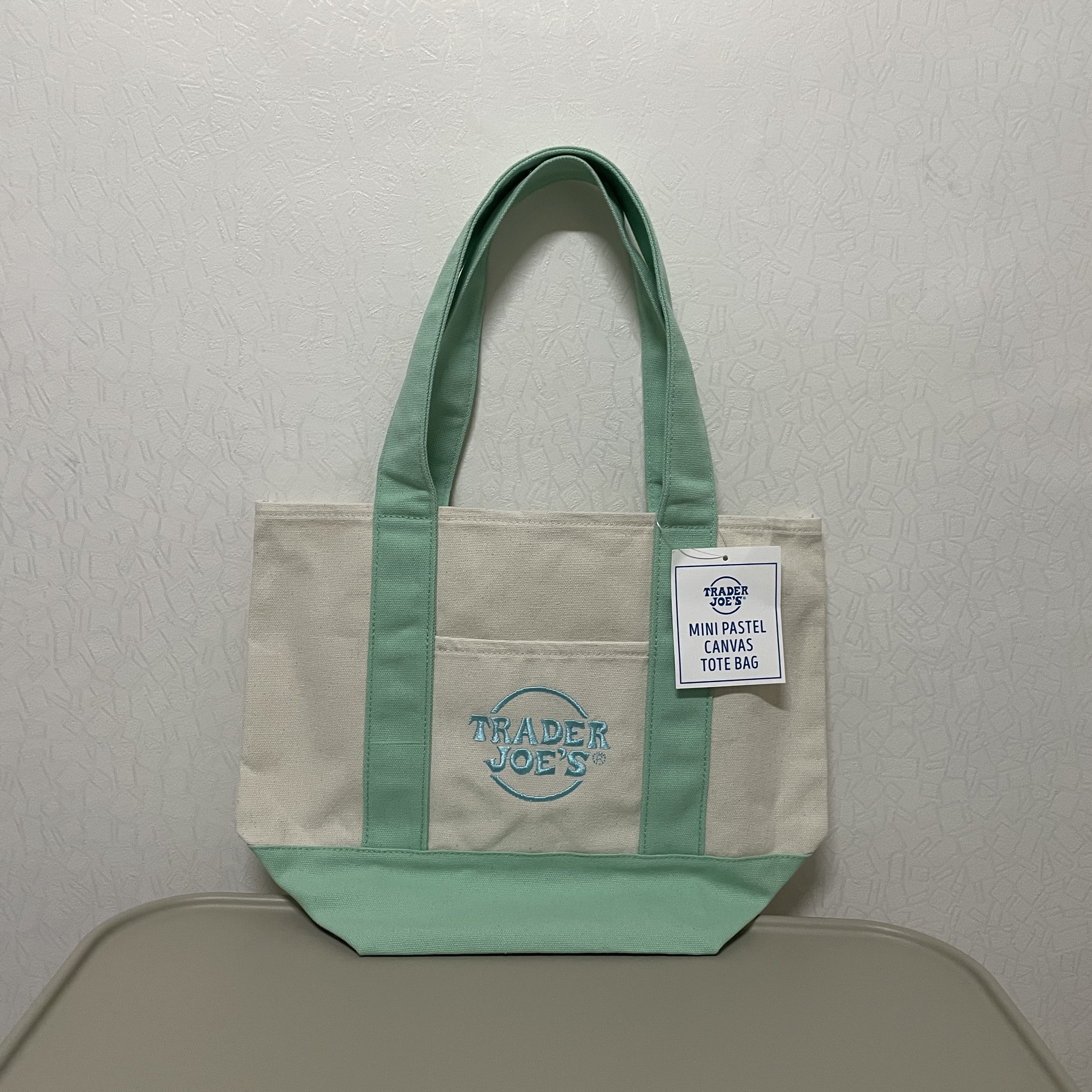Trader Joe's Mini Pastel Canvas Tote Bag Mint Green 착용 스타일