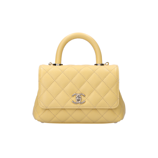 AS2215 Chanel Mini Flap Bag with Top Handle Grained Calfskin & Gold Yellow