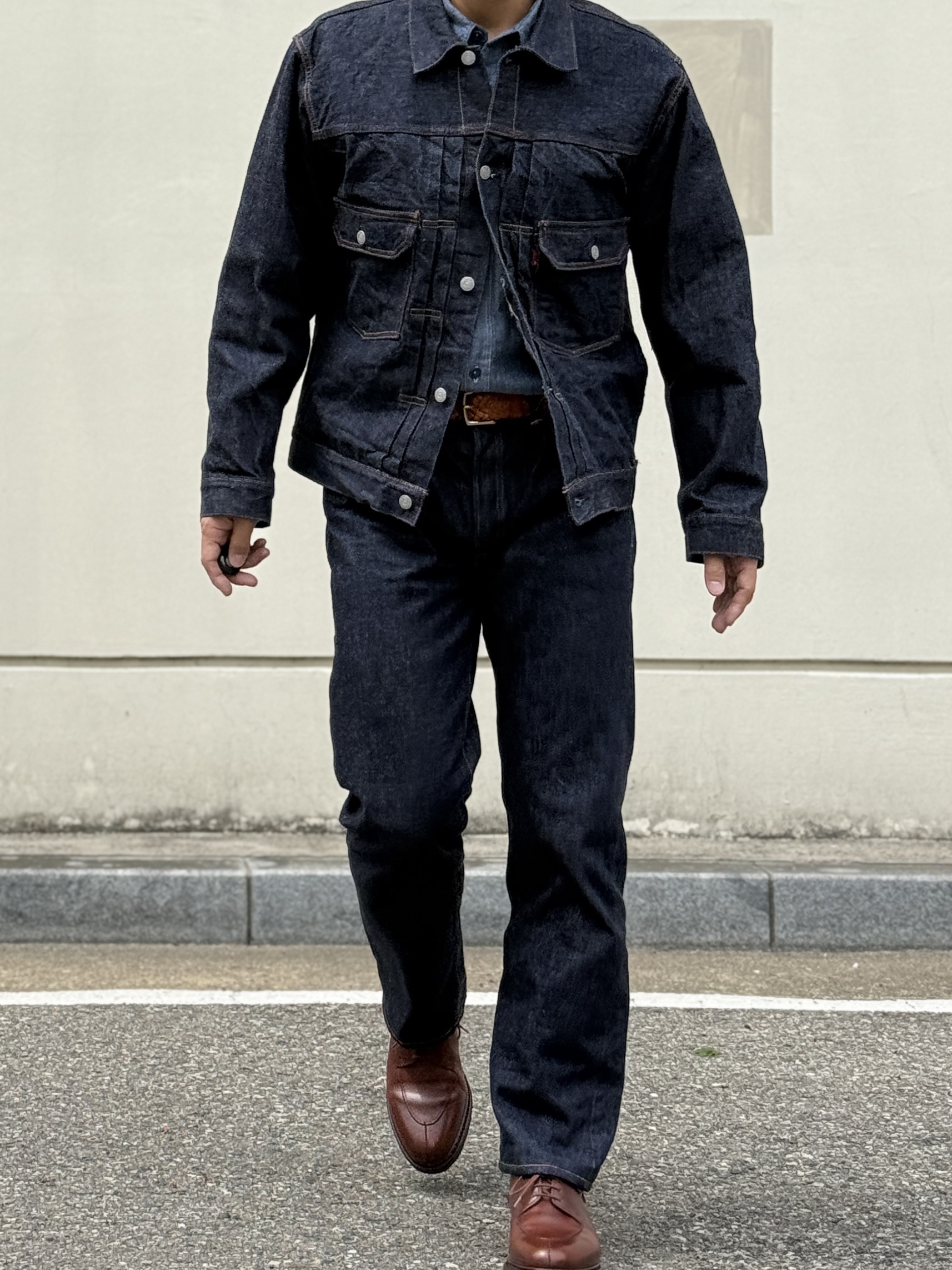 Fullcount 1101W Straight Denim One Wash Indigo Blue, Fullcount 2102W-20 Type 2 Denim Jacket One Wash Indigo Blue - Red Tab 착용 스타일 - 6