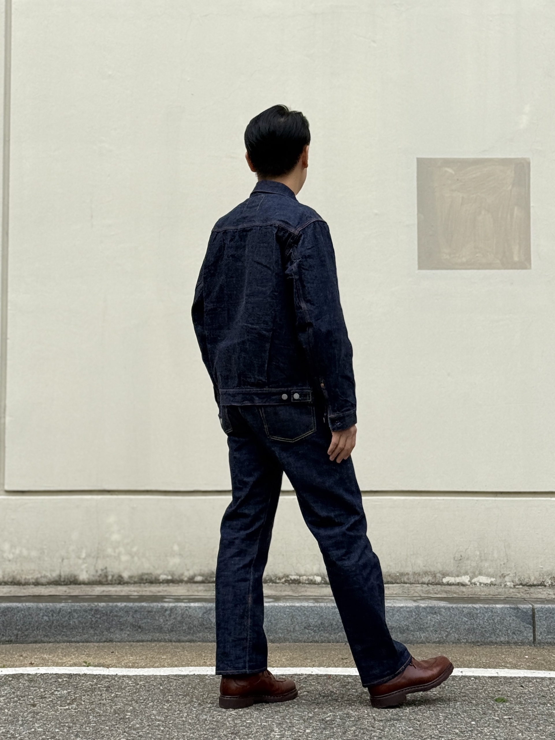 Fullcount 1101W Straight Denim One Wash Indigo Blue, Fullcount 2102W-20 Type 2 Denim Jacket One Wash Indigo Blue - Red Tab 착용 스타일 - 4