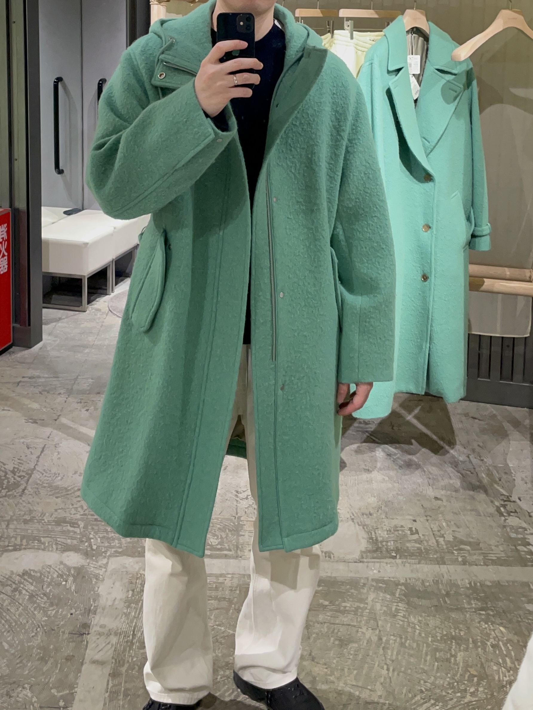 Auralee Brushed Alpaca Wool Melton Hooded Coat Jade Green - 23AW 착용 스타일
