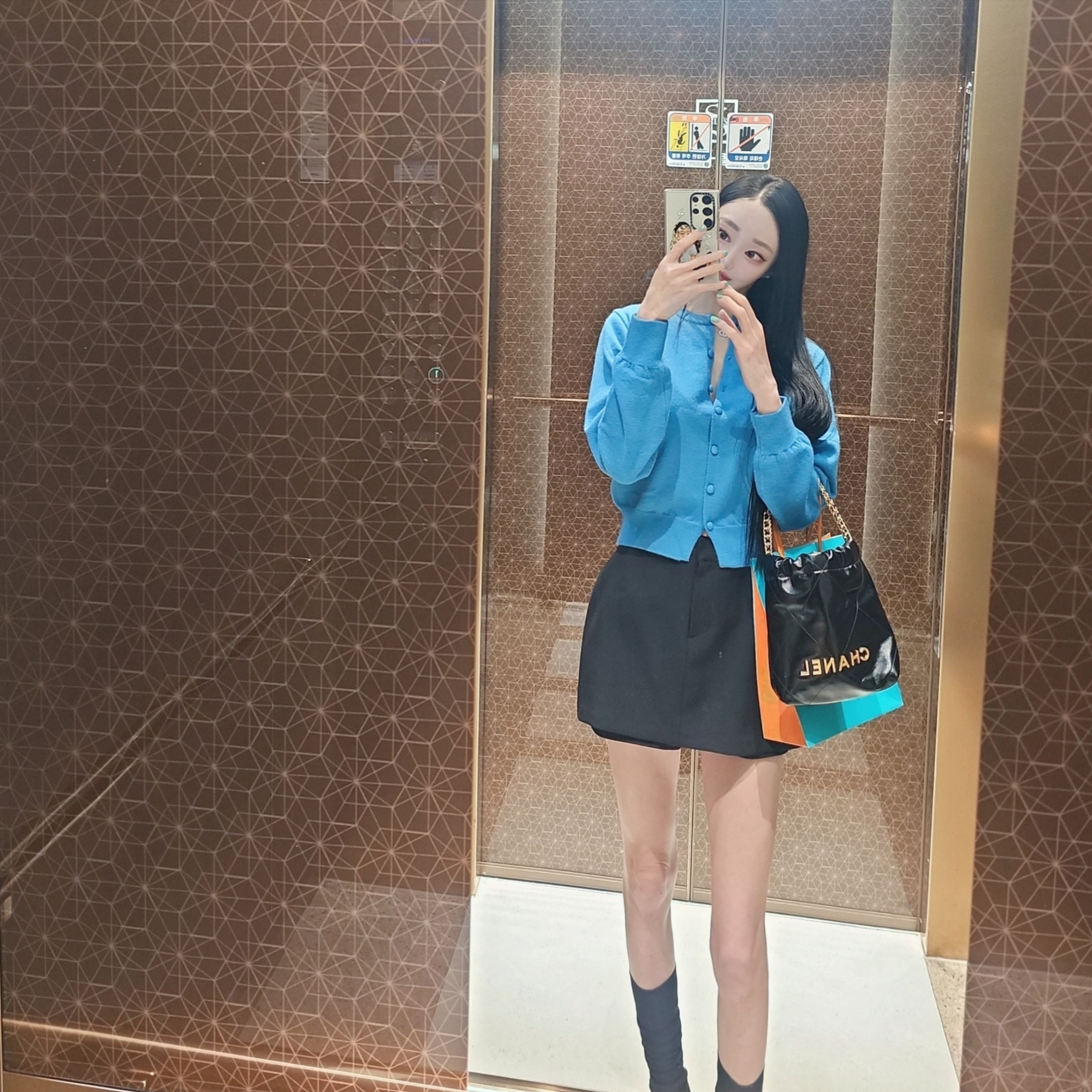 Chanel 22 Mini Handbag Shiny Calfskin & Gold Black 착용 스타일