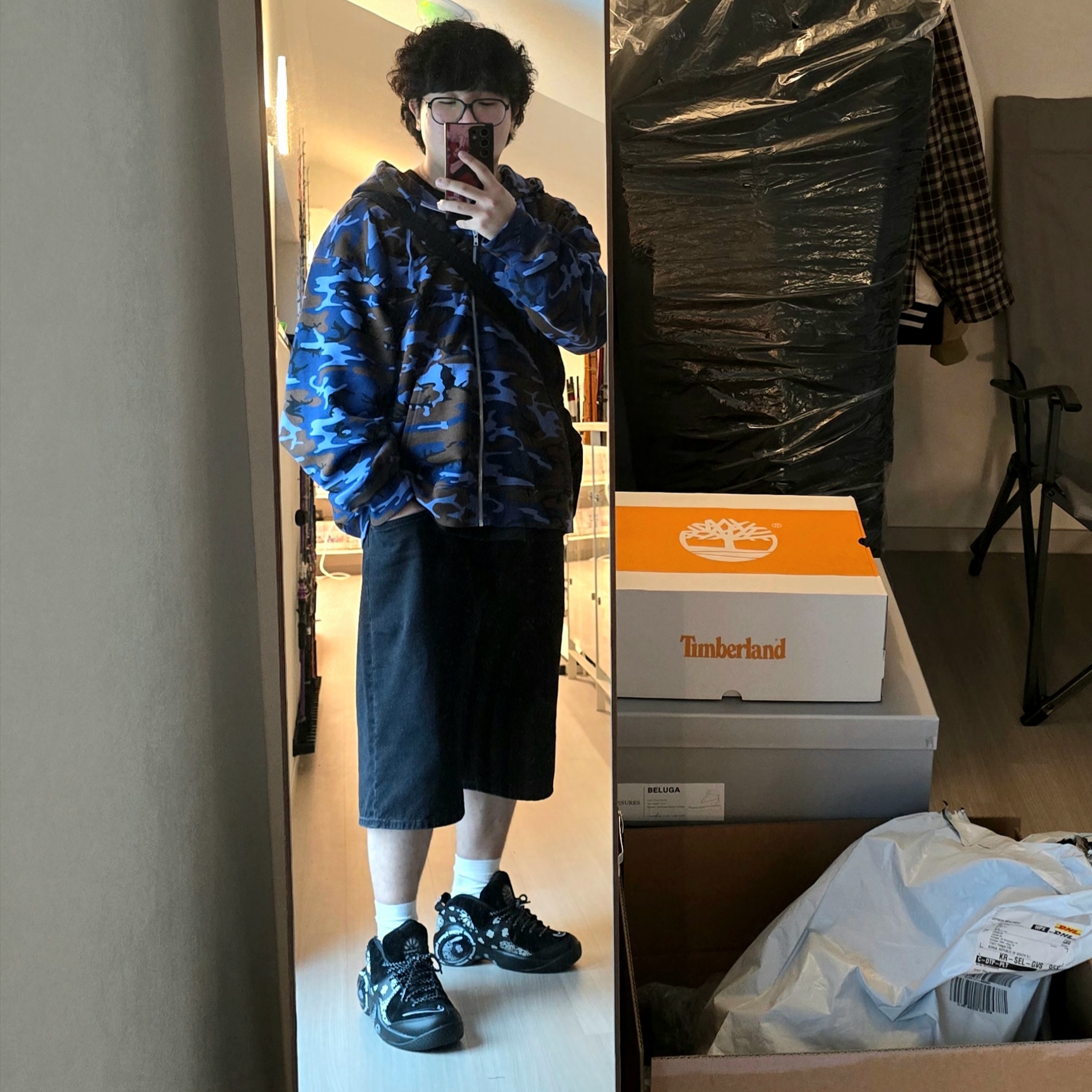 Nike x Supreme Air Zoom Flight 95 SP Black, Supreme Baggy Denim Shorts Black - 25SS 착용 스타일 - 2