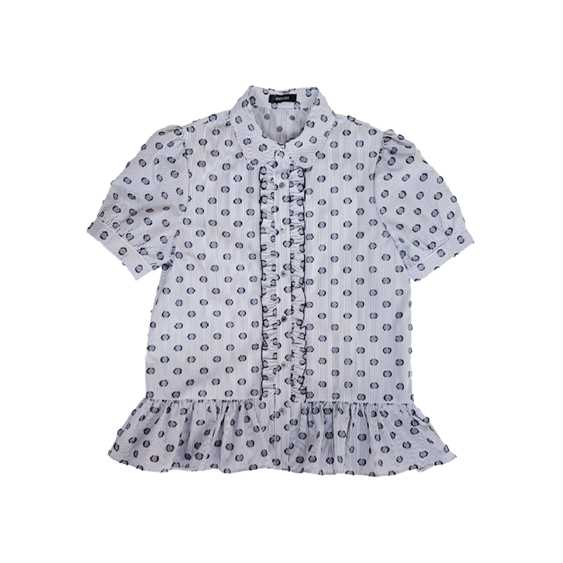 쿠키시 러플 반팔 블라우스 도트 스트라이프(Kookeesee Ruffle Short Sleeve Blouses Dot Stripe)