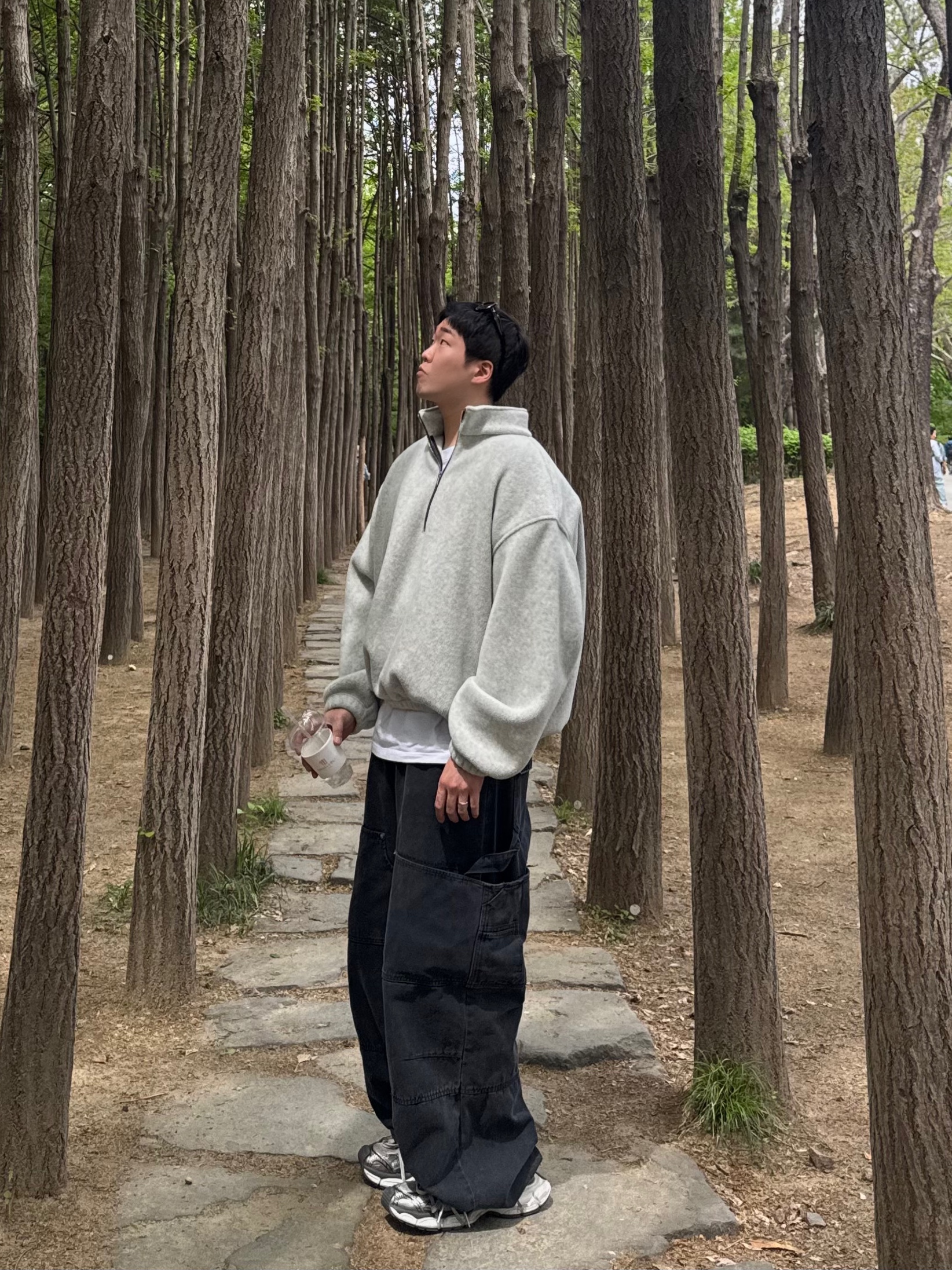 Nonnod Half Zip Fleece Cloud White, Nonnod Double knee cover pants Vintage black 착용 스타일 - 2